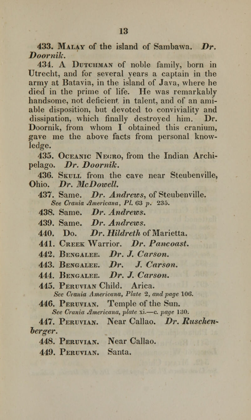 433. Malay of the island of Sambawa. Dr. Doornik. 434. A Dutchman of noble family, born in Utrecht, and for several years a captain in the army at Batavia, in the island of Java, where he died in the prime of life. He was remarkably handsome, not deficient in talent, and of an ami- able disposition, but devoted to conviviality and dissipation, which finally destroyed him. Dr. Doornik, from whom I obtained this cranium, gave me the above facts from personal know- ledge. 435. Oceanic Necro, from the Indian Archi- pelago. Dr. Doornik, 436. Skull from the cave near Steubenville, Ohio. Dr. McDowell 437. Same. Dr. Andrews, of Steubenville. See Crania Americana, PI. 63 p. 235. 438. Same. Dr. Andrews. 439. Same. Dr. Andrews. 440. Do. Dr.Hildreth of Marietta. 441. Creek Warrior. Dr. Pane oast. 442. Bengalee. Dr. J. Carson. 443. Bengalee. Dr. J. Carson. 444. Bengalee. Dr. J. Carson. 445. Peruvian Child. Arica. See Crania Americana, Plate 2, and page 106. 446. Peruvian. Temple of the Sun. See Crania Americana, plate xi.—c. page 130. 447. Peruvian. Near Callao. Dr. Rnschen- berger. 448. Peruvian. Near Callao. 449. Peruvian. Santa.