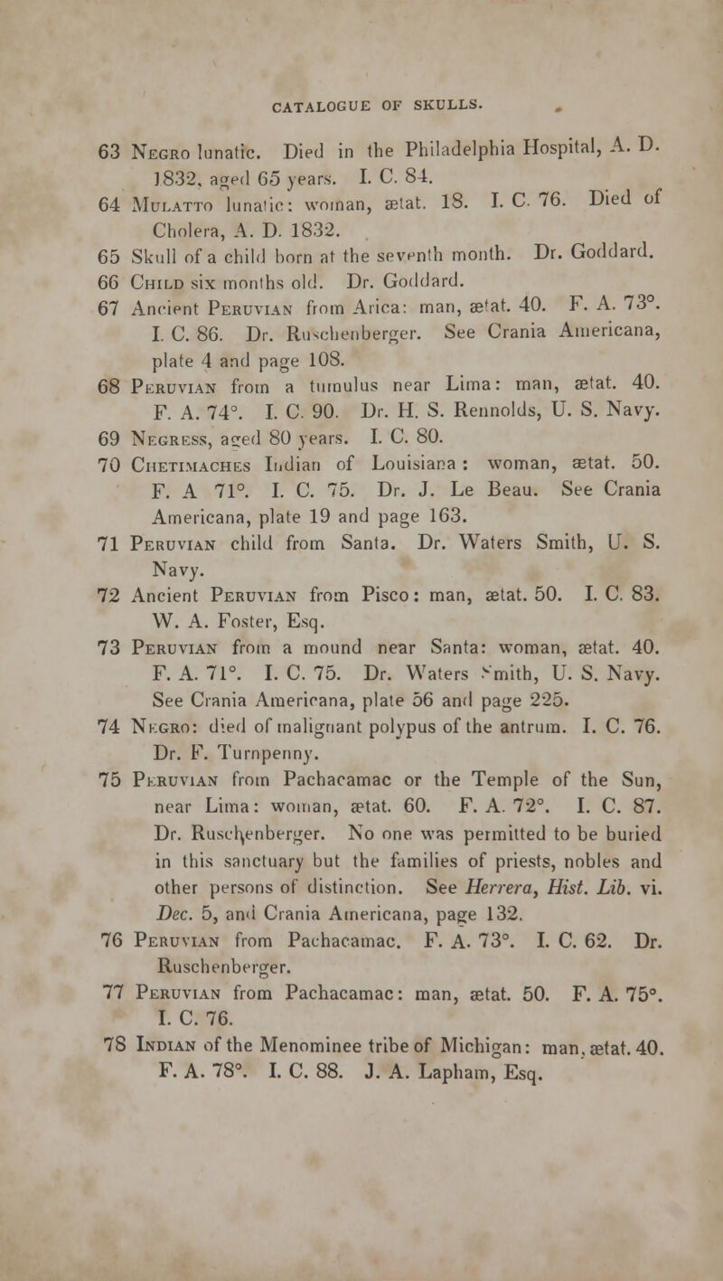 63 Negro lunatic. Died in the Philadelphia Hospital, A. D. 1832, aaed 65 years. I. C. 84. 64 Mulatto lunatic: woman, aetat. 18. I. C 76. Died of Cholera, A. D. 1832. 65 Skull of a child horn at the seventh month. Dr. Goddard. 66 Child six months old. Dr. Goddard. 67 Ancient Peruvian from Arica: man, aetat. 40. F. A. 73°. I. C. 86. Dr. Ruschenberger. See Crania Americana, plate 4 and page 108. 68 Peruvian from a tumulus near Lima: man, setat. 40. F. A. 74°. I. C. 90. Dr. H. S. Retinoids, U. S. Navy. 69 Negress, a^ed 80 years. I. C. 80. 70 Chetimaches Indian of Louisiana : woman, eetat. 50. F. A 71°. I. C. 75. Dr. J. Le Beau. See Crania Americana, plate 19 and page 163. 71 Peruvian child from Santa. Dr. Waters Smith, U. S. Navy. 72 Ancient Peruvian from Pisco: man, aetat. 50. I. C. 83. W. A. Foster, Esq. 73 Peruvian from a mound near Santa: woman, aetat. 40. F. A. 71°. I. C. 75. Dr. Waters Smith, U. S. Navy. See Crania Americana, plate 56 and page 225. 74 Negro: died of malignant polypus of the antrum. I. C. 76. Dr. F. Turnpenny. 75 Peruvian from Pachacamac or the Temple of the Sun, near Lima: woman, aetat. 60. F. A. 72°. I. C. 87. Dr. Ruscfyenberger. No one was permitted to be buried in this sanctuary but the families of priests, nobles and other persons of distinction. See Herrera, Hist. Lib. vi. Dec. 5, and Crania Americana, page 132. 76 Peruvian from Pachacamac. F. A. 73°. I. C. 62. Dr. Ruschenberger. 77 Peruvian from Pachacamac: man, aetat. 50. F. A. 75°. I. C. 76. 78 Indian of the Menominee tribe of Michigan: man, aetat. 40.