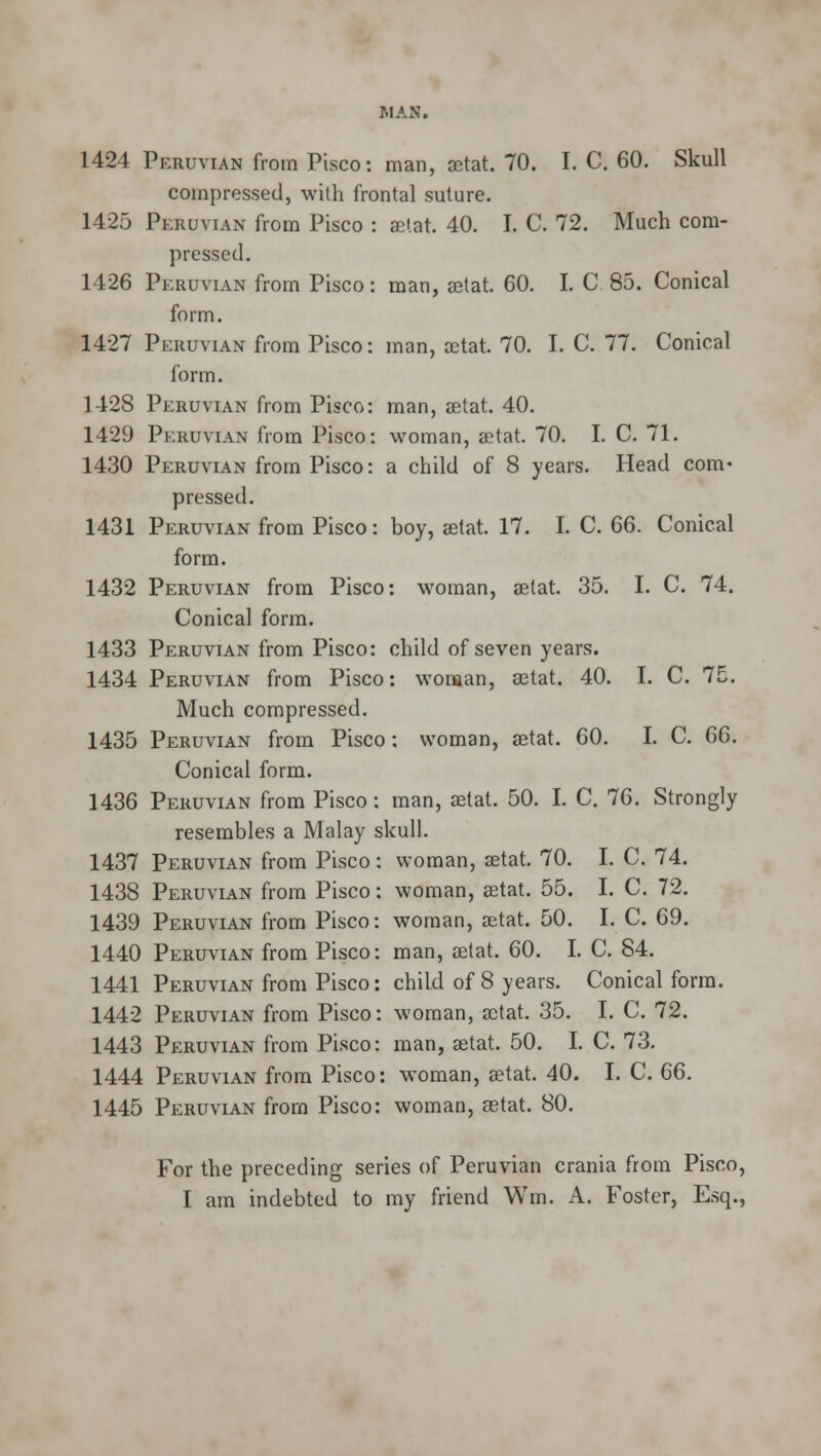 1424 Peruvian from Pisco: man, setat. 70. I. C. 60. Skull compressed, with frontal suture. 1425 Peruvian from Pisco : aelat. 40. I. C. 72. Much com- pressed. 1426 Peruvian from Pisco: man, setat. 60. I. C 85. Conical form. 1427 Peruvian from Pisco: man, astat. 70. I. C. 77. Conical form. 1428 Peruvian from Pisco: man, setat. 40. 1429 Peruvian from Pisco: woman, setat. 70. I. C. 71. 1430 Peruvian from Pisco: a child of 8 years. Head com- pressed. 1431 Peruvian from Pisco: boy, setat. 17. I. C. 66. Conical form. 1432 Peruvian from Pisco: woman, setat. 35. I. C. 74. Conical form. 1433 Peruvian from Pisco: child of seven years. 1434 Peruvian from Pisco: woman, setat. 40. I. C. 75. Much compressed. 1435 Peruvian from Pisco: woman, setat. 60. I. C. 66. Conical form. 1436 Peruvian from Pisco: man, setat. 50. I. C. 76. Strongly resembles a Malay skull. 1437 Peruvian from Pisco: woman, setat. 70. I. C. 74. 1438 Peruvian from Pisco: woman, setat. 55. I. C. 72. 1439 Peruvian from Pisco: woman, setat. 50. I. C. 69. 1440 Peruvian from Pisco: man, setat. 60. I. C. 84. 1441 Peruvian from Pisco: child of 8 years. Conical form. 1442 Peruvian from Pisco: woman, setat. 35. I. C. 72. 1443 Peruvian from Pisco: man, setat. 50. I. C. 73, 1444 Peruvian from Pisco: woman, setat. 40. I. C. 66. 1445 Peruvian from Pisco: woman, setat. 80. For the preceding series of Peruvian crania from Pisco, I am indebted to my friend Win. A. Foster, Esq.,