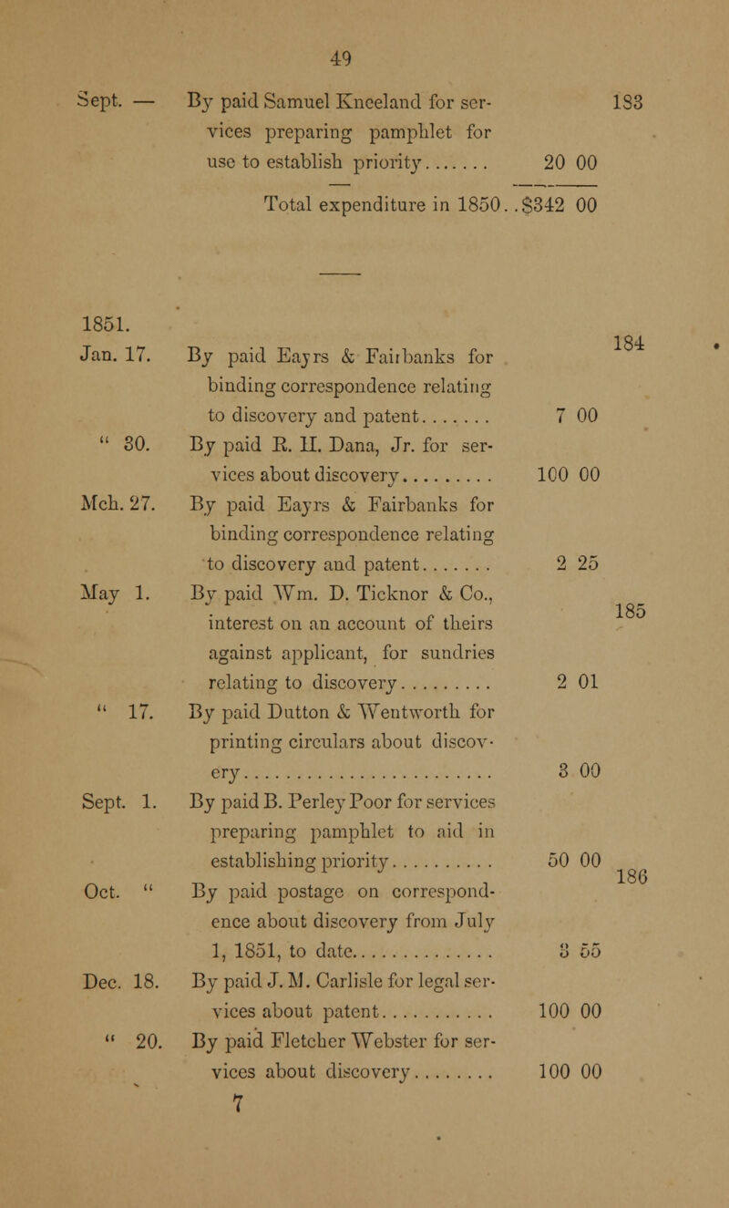 Sept, — By paid Samuel Kneeland for ser- 183 vices preparing pamplilet for use to establish priority 20 00 Total expenditure in 1850. .$342 00 1851. Jan. 17. By paid Eavrs & Fairbanks for binding correspondence relating to discovery and patent 7 00  30. By paid E. II. Dana, Jr. for ser- vices about discovery 100 00 Mch. 27. By paid Eayrs & Fairbanks for binding correspondence relating to discovery and patent 2 25 May 1. By paid Wra. D. Ticknor & Co., interest on an account of theirs against applicant, for sundries relating to discovery 2 01  17. By paid Dutton & Wentworth for printing circulars about discov- ery 3 00 Sept. 1. By paid B. Perle}T Poor for services preparing pamphlet to aid in establishing priority 50 00 Oct.  By paid postage on correspond- ence about discovery from July 1, 1851, to date 3 55 Dec. 18. By paid J. M. Carlisle for legal ser- vices about patent 100 00  20. By paid Fletcher Webster for ser- vices about discovery 100 00 7 184 185 186