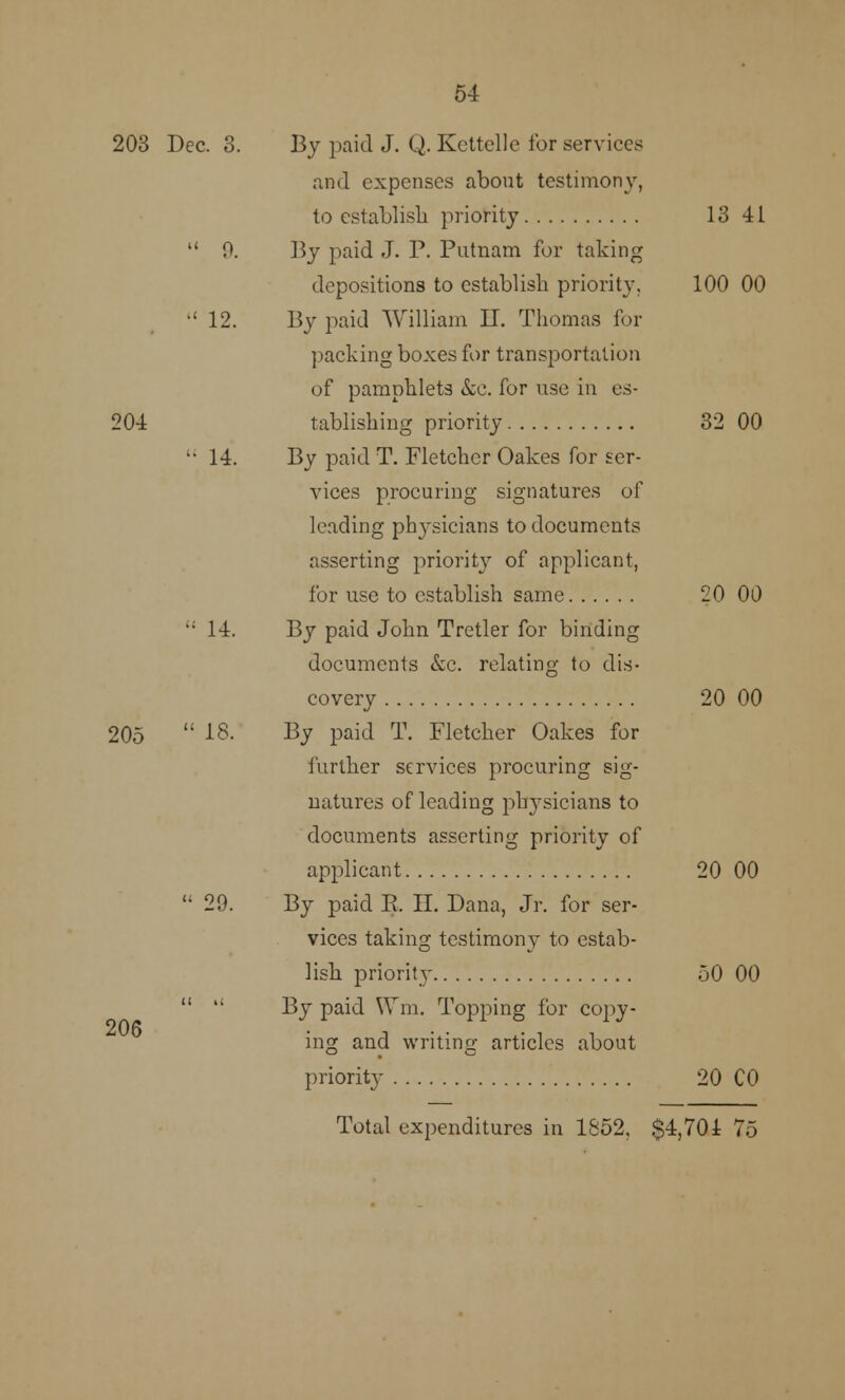 203 Dec. 3. By paid J. Q. Kcttclle for services and expenses about testimony, to establish priority 13 41  0. By paid J. P. Putnam for taking depositions to establish priority. 100 00 •'12. By paid William II. Thomas for packing boxes for transportation of pamphlets &c. for use in es- 204 tablishing priority 32 00 ••14. By paid T. Fletcher Oakes for ser- vices procuring signatures of leading phj-sicians to documents asserting priority of applicant, for use to establish same 20 00 •; 14. By paid John Tretler for binding documents &c. relating to dis- covery 20 00 205  18. By paid T. Fletcher Oakes for further services procuring sig- natures of leading physicians to documents asserting priority of applicant 20 00  29. By paid B. II. Dana, Jr. for ser- vices taking testimony to estab- lish priority 50 00 1  By paid Wm. Topping for copy- ing and writing articles about priority 20 CO 206