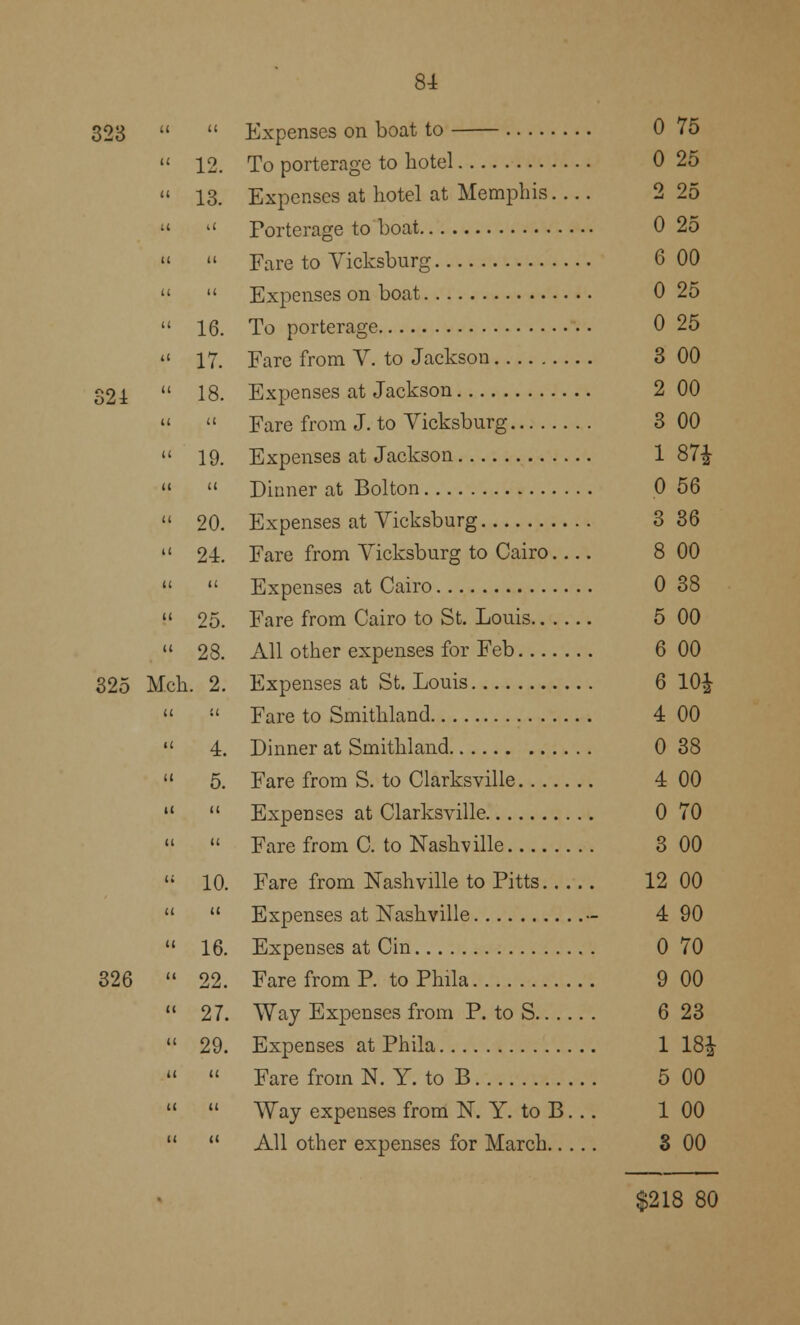 323   Expenses on boat to  12. To porterage to hotel  13. Expenses at hotel at Memphis..   Porterage to boat   Fare to Vicksburg   Expenses on boat  16. To porterage  17. Fare from Y. to Jackson 321  18. Expenses at Jackson   Fare from J. to Vicksburg  19. Expenses at Jackson   Dinner at Bolton  20. Expenses at Vicksburg  24. Fare from Vicksburg to Cairo. .   Expenses at Cairo  25. Fare from Cairo to St. Louis.. ..  28. All other expenses for Feb 325 Mch. 2. Expenses at St. Louis   Fare to Smithland  4. Dinner at Smithland  5. Fare from S. to Clarksville   Expenses at Clarksville   Fare from C. to Nashville  10. Fare from Nashville to Pitts...   Expenses at Nashville  16. Expenses at Cin 326  22. Fare from P. to Phila  27. Way Expenses from P. to S  29. Expenses at Phila   Fare from N. Y. to B   Way expenses from N. Y. to B,   All other expenses for March.. 0 75 0 25 2 25 0 25 6 00 0 25 0 25 3 00 2 00 3 00 1 87* 0 56 3 36 8 00 0 38 5 00 6 00 6 10* 4 00 0 38 4 00 0 70 3 00 12 00 4 90 0 70 9 00 6 23 i m 5 00 1 00 8 00 $218 80