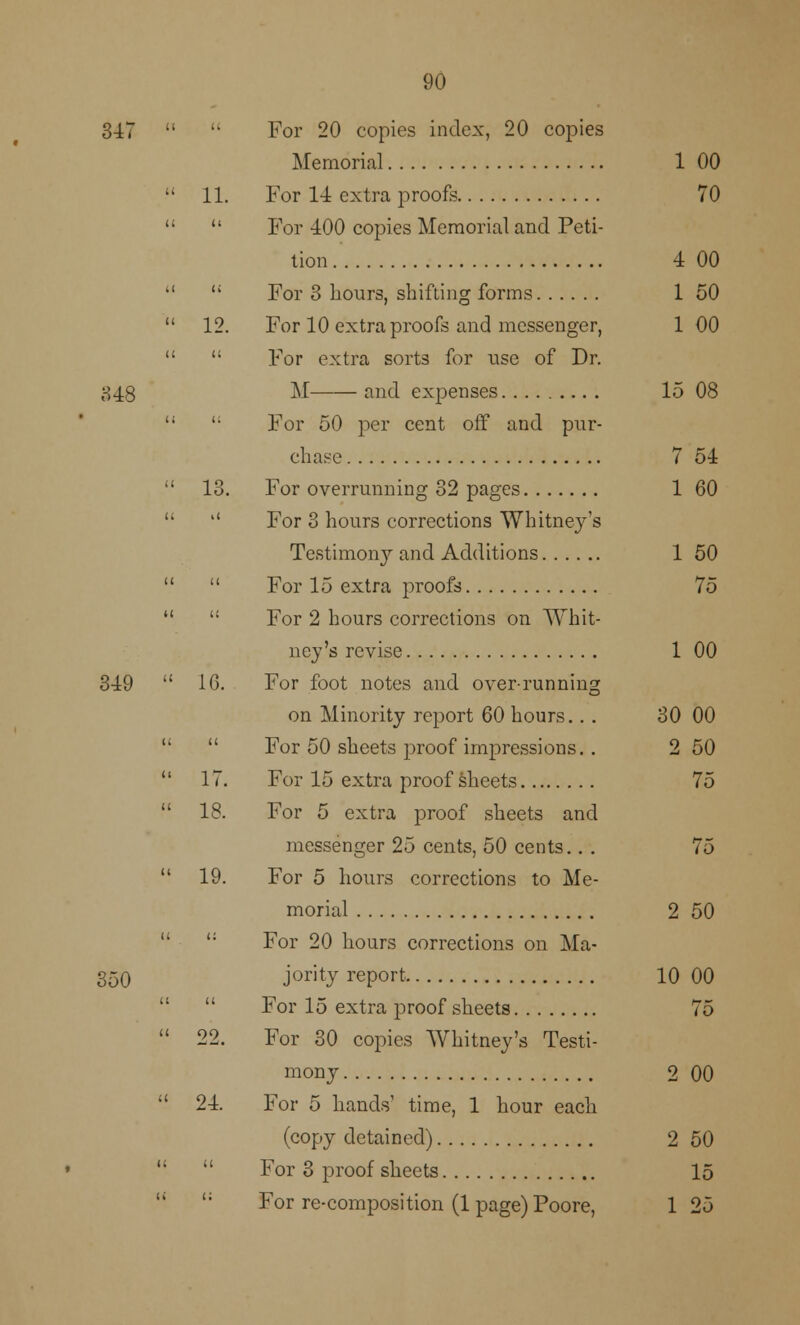 347   For 20 copies index, 20 copies Memorial 1 00  11. For 14 extra proofs 70   For -400 copies Memorial and Peti- tion 4 00   For 3 hours, shifting forms 1 50  12. For 10 extra proofs and messenger, 1 00   For extra sorts for use of Dr. 348 M and expenses 15 08  '• For 50 per cent off and pur- chase 7 54  13. For overrunning 32 pages 1 60  ll For 3 hours corrections Whitney's Testimony and Additions 1 50   For 15 extra proofs 75   For 2 hours corrections on Whit- ney's revise 1 00 349  16. For foot notes and over-running on Minority report 60 hours. . . 30 00   For 50 sheets proof impressions.. 2 50  17. For 15 extra proof sheets 75  18. For 5 extra proof sheets and messenger 25 cents, 50 cents.. . 75  19. For 5 hours corrections to Me- morial 2 50 For 20 hours corrections on Ma- 350 jority report 10 00   For 15 extra proof sheets 75  22. For 30 copies Whitney's Testi- mony 2 00  24. For 5 hands' time, 1 hour each (copy detained) 2 50   For 3 proof sheets 15 For re-composition (1 page) Poore, 1 25