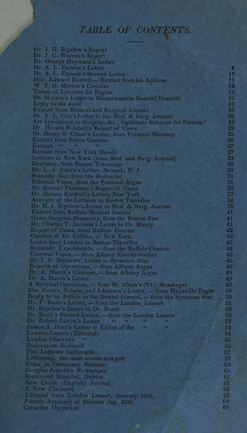 TABLE OF CONTENTS. Patents Dr. J. H. Bigelow's Report Dr. J. C. Warren's Report Dr. George Hay ward's Letter Dr. A. L. Pierson's Letter Dr. A. L. Pierson's Second Letter Hon. Edward Everett— Extract from his Address W. T. G. Morton's Circular . Terms of Licenses for Rights Dr. Morton's Letter to Massachusetts General Hospital Reply to the san Extract from Medical and Surgical Journal . Dr. A. L. Cox's Letter to the Med. &, Surg. Journal Are Inventions in Surgery, &c, legitimate Subjects for Dr. Horace Kimball's Report of Cases . Dr. Henry S. Chase's Letter, from Vermont Mercury Extract from Salem Gazette Extract    Extract from New York Herald . Letheon in New York (from Med. and Surg. Journal) Dentistry, from Boston Transcript Dr. L. A. Smith's Letter, Newark, N. J. Somnific Gas, from the Bostonian Ethereal Vapor, from the Portland Argus Dr. Samuel Parkman's Report of Cases . Dr. Horace Kimball's Letter, New York Account of the Letheon in Boston Traveller Dr. H. J. Bigelow's Letter to Med. & Surg Journal Extract from Buffalo Medical Journal Great Surgical Discovery, from the Boston Post Dr. Charles T. Jackson's Letter to Dr. Marcy Report of Cases, from Buffalo Courier Opinion of Dr. Collins, of New York Letter from London in Boston Traveller Scientific Experiments, — from the Buffalo Courier Ethereal Vapor, — from Albany Knickerbocker Dr. I. D. Mathews' Letter to Syracuse Star Reports of Operations, —from Albany Argus Dr. A. March's Clinique, — from Albany Argus Dr. A. March's Letter .... A Surgical Operation, — from St. Alban's (Vt.) Messenger Drs. Frazee, Nelson, and Adamson's Letter, — from Maysville Eagle Reply to an Article in the Dental Journal, — from the Syracuse Star Dr. F. Boott's Letter, — from the London Lancet . Dr. Bigelow's Letter to Dr. Boott Dr. Boott's Second Letter, — from the London Lancet Dr. Robert Listen's Letter     James A. Dorr's Letter to Editor of the   London Lancet (Editorial) in Observer  ; Reduced Letheon Inflamahle Litho severe test yet nee Douglas Jerrold's Newspaper Richmond Hospital, Dnblin . New Castle (English) Journal A New Claimant Editorial from London Lancet, January 16th, French Academy of Science Jan. 25th Caesarian Operation . 9 10 . 11 12 . 13 15 . 15 16 . 16 19 . 22 25 . 26 27 . 27 28 . 29 29 . 31 31 . 32 33 . 34 36 . 41 41 . 41 42 . 42 43 . 44 46 . 46 48 . 48 49 . 49 50 . 50 51 . 52 52 . 53 54 . 54 55 . 56 57 . 58 59 . 60 61 . 62 62 . 63 64 . 65