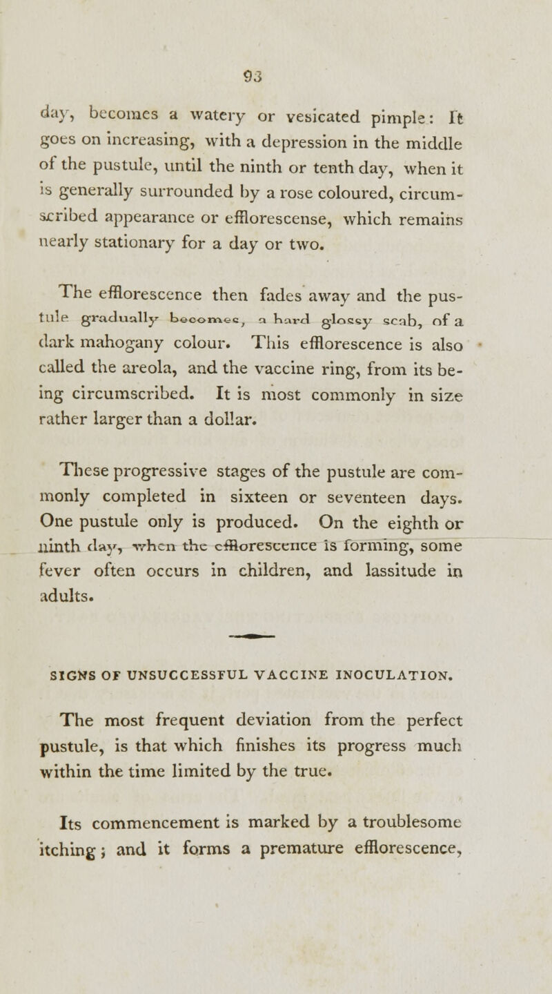 day, becomes a watery or vesicated pimple: ft goes on increasing, with a depression in the middle of the pustule, until the ninth or tenth day, when it is generally surrounded by a rose coloured, circum- scribed appearance or efflorescense, which remains nearly stationary for a day or two. The efflorescence then fades away and the pus- tule gradually becom&Cj a Kard gloeey scnb of a dark mahogany colour. This efflorescence is also called the areola, and the vaccine ring, from its be- ing circumscribed. It is most commonly in size rather larger than a dollar. These progressive stages of the pustule are com- monly completed in sixteen or seventeen days. One pustule only is produced. On the eighth or ninth day, v/hcn the efflorescence is forming, some fever often occurs in children, and lassitude in adults. SIGNS OF UNSUCCESSFUL VACCINE INOCULATION. The most frequent deviation from the perfect pustule, is that which finishes its progress much within the time limited by the true. Its commencement is marked by a troublesome itching; and it forms a premature efflorescence,