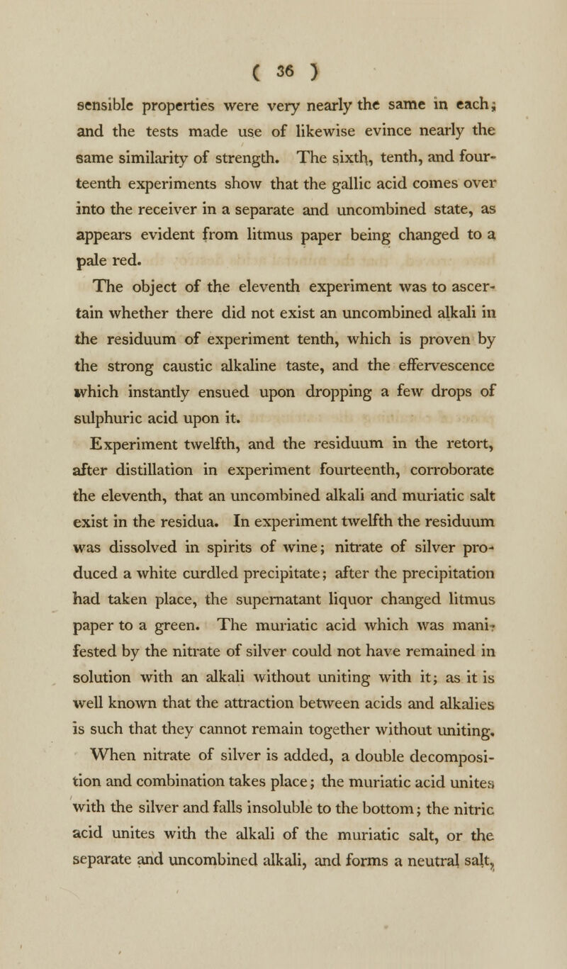 sensible properties were very nearly the same in each; and the tests made use of likewise evince nearly the same similarity of strength. The sixth., tenth, and four- teenth experiments show that the gallic acid comes over into the receiver in a separate and uncombined state, as appears evident from litmus paper being changed to a pale red. The object of the eleventh experiment was to ascer- tain whether there did not exist an uncombined alkali in the residuum of experiment tenth, which is proven by the strong caustic alkaline taste, and the effervescence which instantly ensued upon dropping a few drops of sulphuric acid upon it. Experiment twelfth, and the residuum in the retort, after distillation in experiment fourteenth, corroborate the eleventh, that an uncombined alkali and muriatic salt exist in the residua. In experiment twelfth the residuum was dissolved in spirits of wine; nitrate of silver pro- duced a white curdled precipitate; after the precipitation had taken place, the supernatant liquor changed litmus paper to a green. The muriatic acid which was mani? fested by the nitrate of silver could not have remained in solution with an alkali without uniting with it; as it is well known that the attraction between acids and alkalies is such that they cannot remain together without uniting. When nitrate of silver is added, a double decomposi- tion and combination takes place; the muriatic acid unites with the silver and falls insoluble to the bottom; the nitric acid unites with the alkali of the muriatic salt, or the separate and uncombined alkali, and forms a neutral salt,