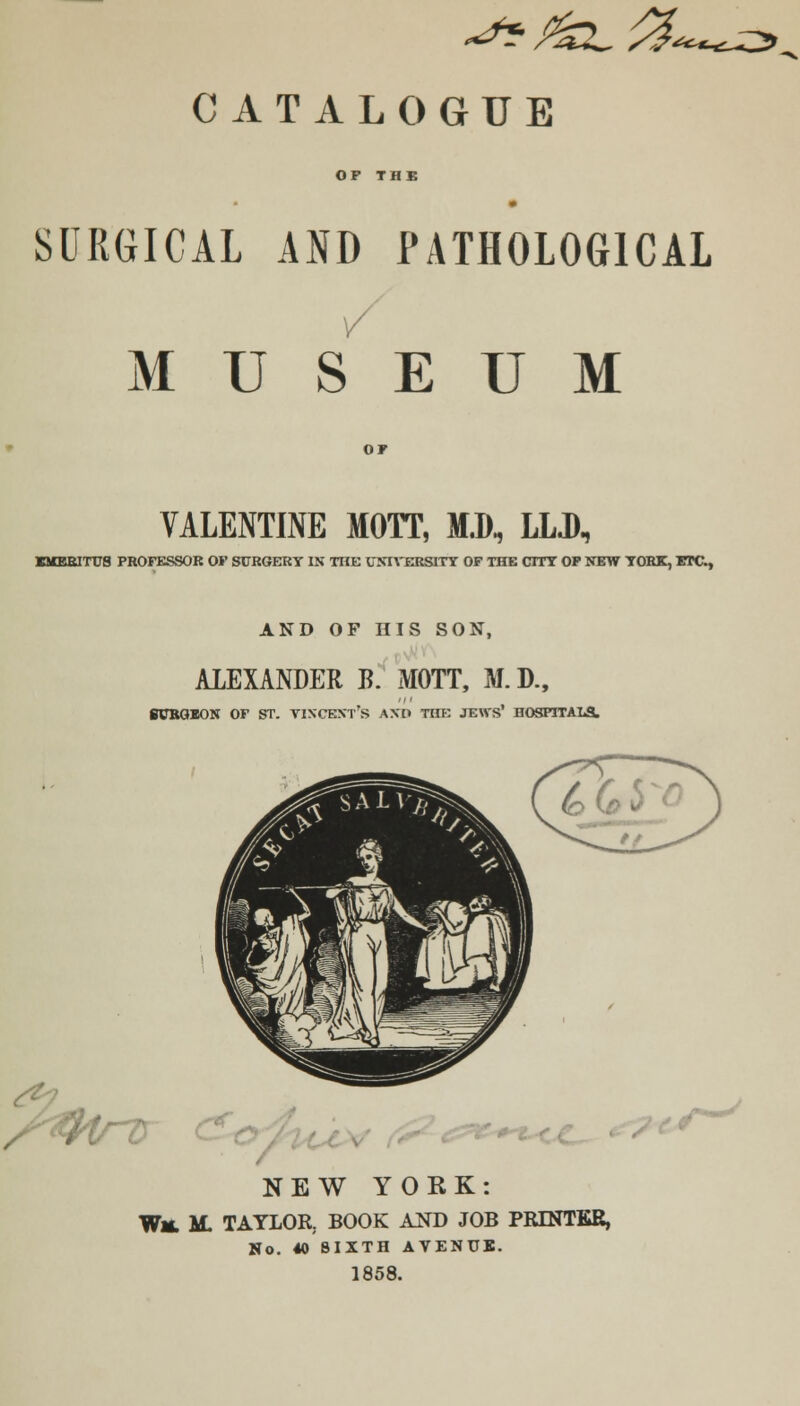 OP THE SURGICAL AND PATHOLOGICAL MUSEUM VALENTINE MOTT, M.D, LLJ), EMERITUS PROFESSOR OP SURGERY IN THE UNIVERSITY OF THE CITY OP NEW YORK, ETC., AND OF HIS SON, ALEXANDER B. MOTT, M. D., BURGEON OF ST. VINCENT'S AND THE JEWS* HOSPITALS. NEW YORK: Wm. M. TAYLOR. BOOK AND JOB PRINTER, No. 40 SIXTH AVENTJB. 1858.