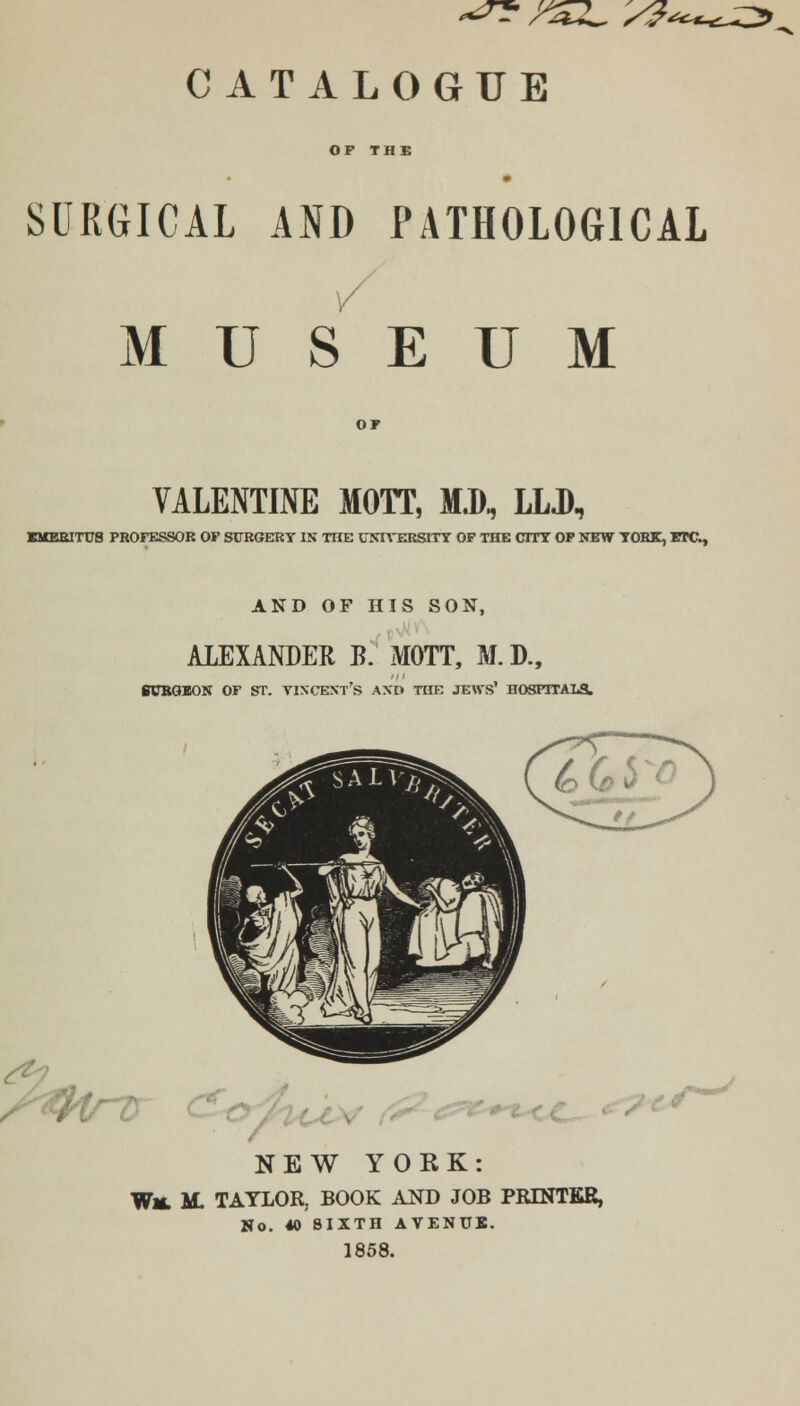 OP THE SURGICAL AND PATHOLOGICAL / MUSEUM VALENTINE MOTT, M.D, LLJ), EMERITUS PROFESSOR OP SURGERY IN THE UNIVERSITY OF THE CITY OF NEW YORK, ETC., AND OF HIS SON, ALEXANDER B. MOTT, M.D., BURGEON of st. vixcent's and the jews' hospitals. NEW YORK: Wm. M. TAYLOR, BOOK AND JOB PRINTER, No. 40 SIXTH AVENUE. 1858.