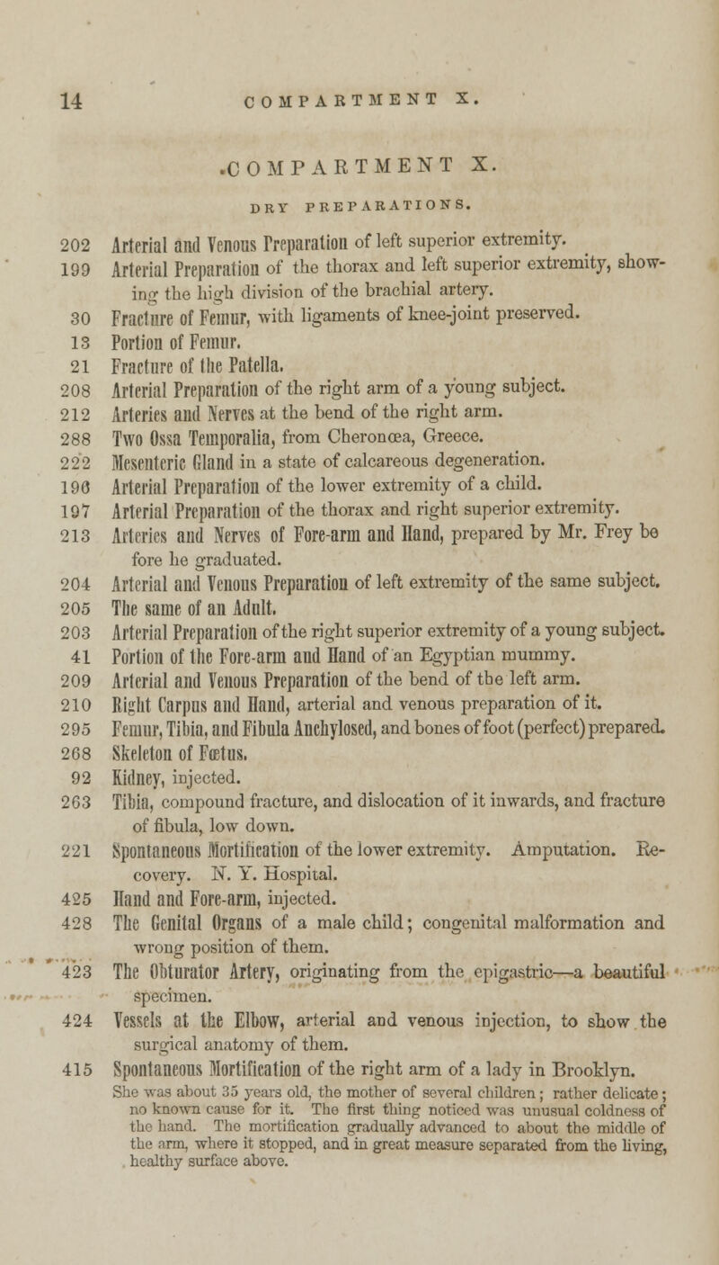 .COMPARTMENT X. DRV PREPARATIONS. 202 Arterial and Venous Preparation of left superior extremity. 199 Arterial Preparation of the thorax and left superior extremity, show- ing the high division of the brachial artery. 30 Fracture of Femur, with ligaments of knee-joint preserved. 13 Portion of Femur. 21 Fracture of the Patella. 208 Arterial Preparation of the right arm of a young subject. 212 Arteries and Nerves at the bend of the right arm. 288 TWO Ossa Temporalia, from Cheronoea, Greece. 222 Mesenteric Gland in a state of calcareous degeneration. 196 Arterial Preparation of the lower extremity of a child. 197 Arterial Preparation of the thorax and right superior extremity. 213 Arteries and Nerves of Fore-arm and Hand, prepared by Mr. Frey be fore he graduated. 204 Arterial and Venous Preparation of left extremity of the same subject. 205 Tlie same of an Adult. 203 Arterial Preparation of the right superior extremity of a young subject. 41 Portion of the Fore-arm and Hand of an Egyptian mummy. 209 Arterial and Venous Preparation of the bend of tbe left arm. 210 Right Carpus and Hand, arterial and venous preparation of it. 295 Femur, Tibia, and Fibula Anchylosed, and bones of foot (perfect) prepared. 268 Skeleton of Fcetus. 92 Kidney, injected. 263 Tibia, compound fracture, and dislocation of it inwards, and fracture of fibula, low down. 221 Spontaneous Mortification of the lower extremity. Amputation. Re- covery. N. Y. Hospital. 425 Hand and Fore-arm, injected. 428 The Genital Organs of a male child; congenital malformation and wrong position of them. 423 The Obturator Artery, originating from the epigastric—a beautiful specimen. 424 Vessels at the Elbow, arterial and venous injection, to show the surgical anatomy of them. 415 Spontaneous Mortification of the right arm of a lady in Brooklyn. She was about 35 years old, the mother of several children; rather delicate; no known cause for it. The first thing noticed was unusual coldness of the hand. The mortification gradually advanced to about the middle of the arm, where it stoppod, and in great measure separated from the living, healthy surface above.