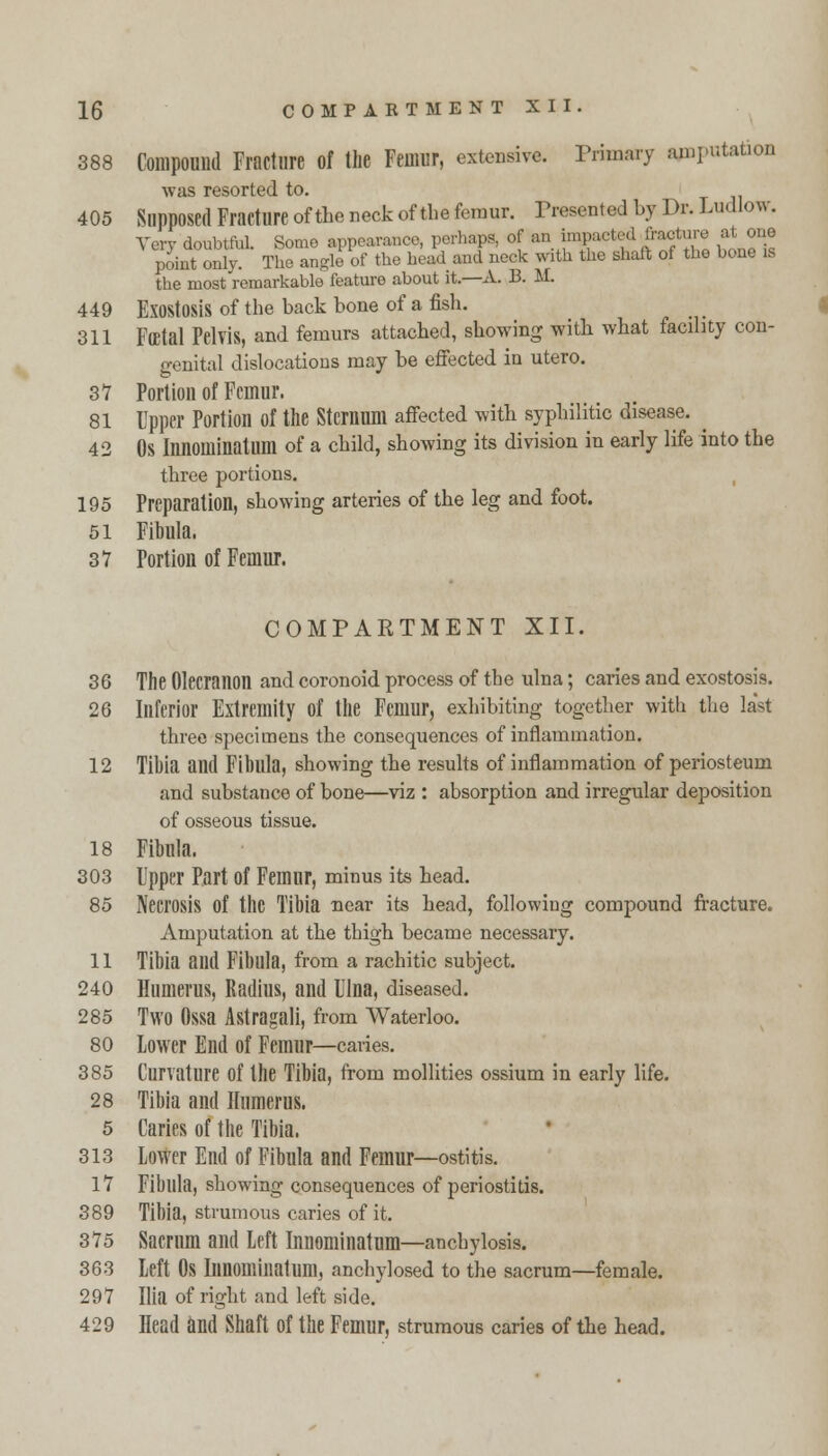 388 Compound Fracture of Hie Femur, extensive. Primary amputation was resorted to. 405 Supposed Fracture of the neck of the femur. Presented by I >r. Ludlow. Very doubtful. Some appearand, perhaps, of « i*^**™* ** ^ point only. The angle of the head and neck with the shaft of the bone is the most remarkable feature about it.—A. B. M. 449 Exostosis of the back bone of a fish. 311 FtEtal Pelvis, and femurs attached, showing with what facility con- genital dislocations may be effected in utero. 37 Portion of Femur. 81 Upper Portion of the Sternum affected with syphilitic disease. ^ 42 OS Innominatum of a child, showing its division in early life into the three portions. 195 Preparation, showing arteries of the leg and foot. 51 Fibula. 37 Portion of Femur. COMPARTMENT XII. 36 The Olecranon and coronoid process of the ulna; caries and exostosis. 26 Inferior Extremity of the Femur, exhibiting together with the last three specimens the consequences of inflammation. 12 Tibia and Fibula, showing the results of inflammation of periosteum and substance of bone—viz : absorption and irregular deposition of osseous tissue. 18 Fibula. 303 Upper Part of Femur, minus its head. 85 Necrosis Of the Tibia near its head, following compound fracture. Amputation at the thigh became necessary. 11 Tibia and Fibula, from a rachitic subject. 240 Humerus, Radius, and Ulna, diseased. 285 Two Ossa Astragali, from Waterloo. 80 Lower End of Femur—caries. 385 Curvature of the Tibia, from mollities ossium in early life. 28 Tibia and Humerus. 5 Caries of the Tibia. 313 Lower End of Fibula and Femur—ostitis. 17 Fibula, showing consequences of periostitis. 389 Tibia, strumous caries of it. 375 Sacrum and Left Innominatum—anchylosis. 363 Left OS Innominatum, anchylosed to the sacrum—female. 297 Ilia of right and left side. 429 Head and Shaft Of the Femur, strumous caries of the head.