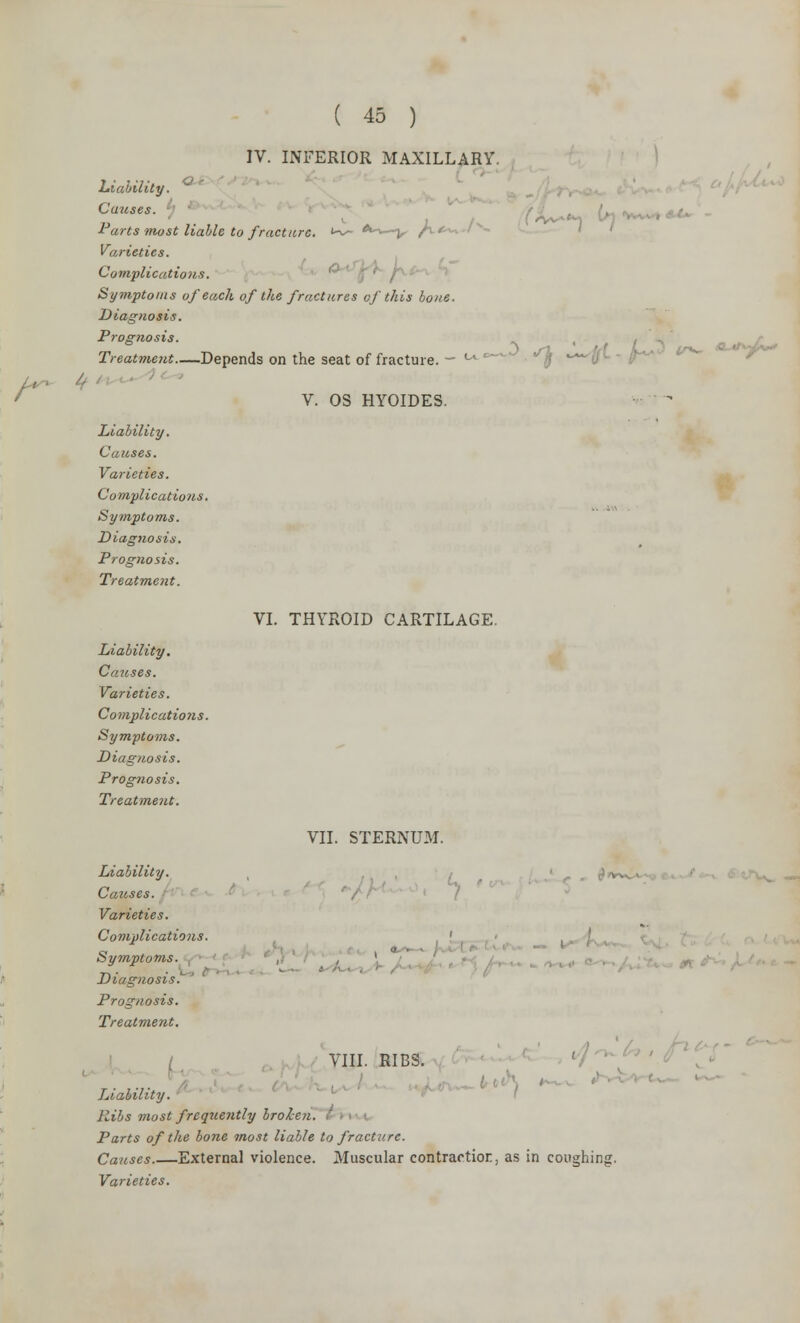 IV. INFERIOR MAXILLARY. Liability. r Causes, y £>'- Parts most liable to fracture. <-~~ *^—y / Varieties. Complications. Symptoms of each of the fractures of this bone. Diagnosis. Prognosis. Treatment Depends on the seat of fracture. - °* D ^ ■■ V. OS HYOIDES. Liability. Causes. Varieties. Co mplicatio ns. Symptoms. Diagnosis. Prognosis. Treatment. Liability. Causes. Varieties. Co mplica t io n s. Symptoms. Diagnosis. Prognosis. Treatment. VI. THYROID CARTILAGE. VII. STERNUM. Liability. Causes. Varieties. Complications. Symptoms. Diagnosis! Prognosis. Treatment. VIII. RIBS. Ribs most frequently broken. Parts of the bone most liable to fracture. Causes External violence. Muscular contraction, as in coughing Varieties. I