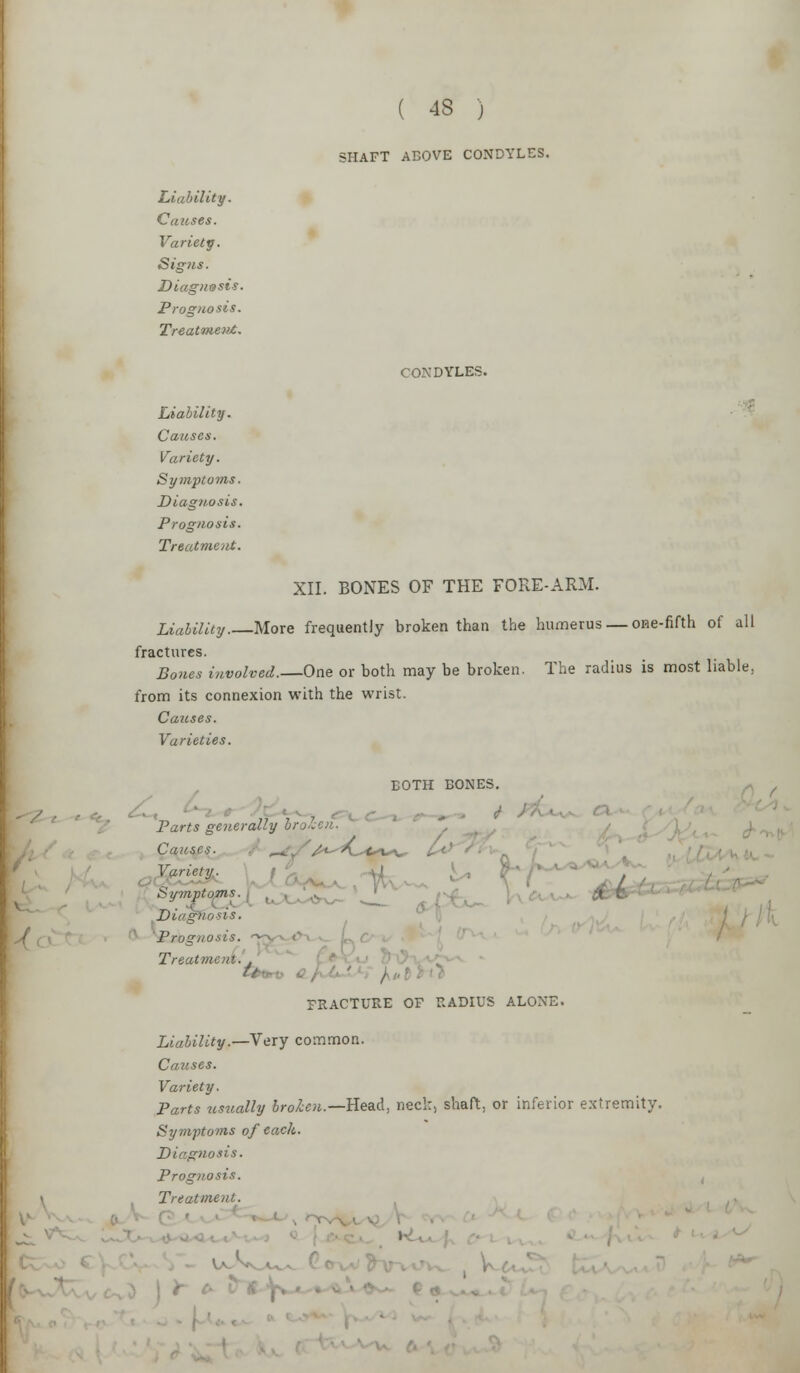 Causes. Variety. Sig?is. Diagnosis. Prognosis. Treatment. ( 4S ) SHAFT ABOVE CONDYLES. CONDYLES. Liability. Causes. Variety. Symptoms. Diagnosis. Prognosis. Treatment. XII. BONES OF THE FORE-ARM. Liability. More frequently broken than the humerus — one-fifth of all fractures. Bones Involved.—One or both may be broken. The radius is most liable, from its connexion with the wrist. Causes. Varieties. BOTH BONES. Parts generally Causes. _ A^A^t*^ I ' Dla'j.1 7, Prognosis Treatmen ■ Q FRACTURE OF RADIUS ALONE. Liability.—Very common. Causes. Variety. Parts icsually broken.— Head, neck) shaft, or inferior extremity. Symptoms of each. Diagnosis. Prognosis. Treat me a t.