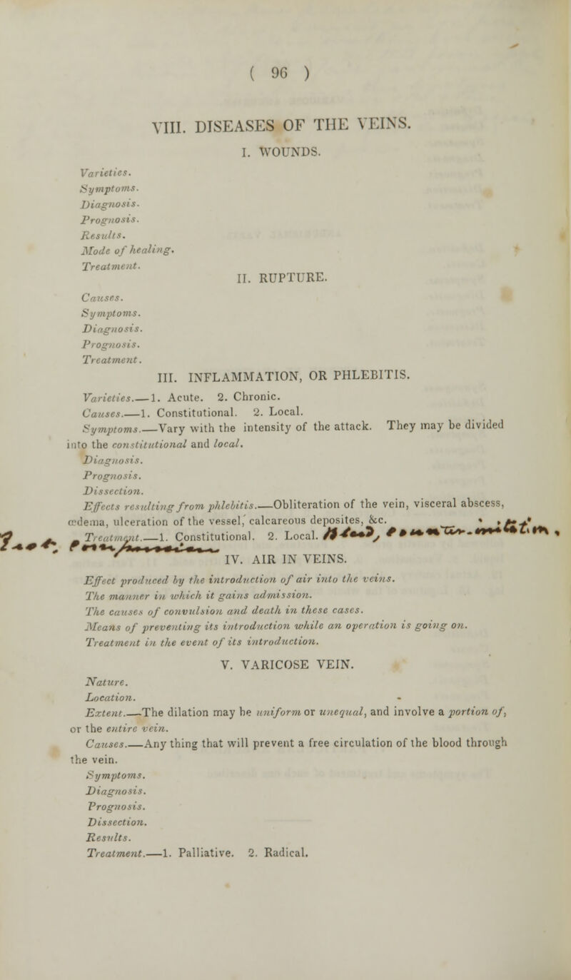 ( 96 ) II. RUPTURE. VIII. DISEASES OF THE VEINS. I. WOUNDS. Varit Symptoms. Diagnosis- Prognosis. Res, Mode of healing. Treati tes. Symptoms. Diagnosis. Prog Treatment. III. INFLAMMATION, OR PHLEBITIS. Varieties 1. Acute. 2. Chronic. Causes.—1. Constitutional. 2. Local. Symptoms. Vary with the intensity of the attack. They may be divided into the constitutional and local. Prognosis. Dissectio?i. Effects resulting from phlebitis Obliteration of the vein, visceral abscess, (j'dema, ulceration of the vessel,'calcareous deposites, &c. ♦ ►/•■** _ I reatiiiejit.. r •*•%>«•* -1. Constitutional. IV. AIR IN VEINS Local, tf'— >, #»^«^-^*f^ Effect produced by the introduction of air into the veins. The manner in which it gains admission. The causes of convulsion and death in these cases. Means of preventing its introduction while an operation is going on. Treatment in the event of its introduction. V. VARICOSE VEIN. Nature. Location. Extent The dilation may he uniform or unequal, and involve a portion of, or the entire vein. Causes Any thing that will prevent a free circulation of the blood through the vein. Symptoms. Diagnosis. Prognosis. Dissection. Results. Treatment.—1. Palliative. 2. Radical.