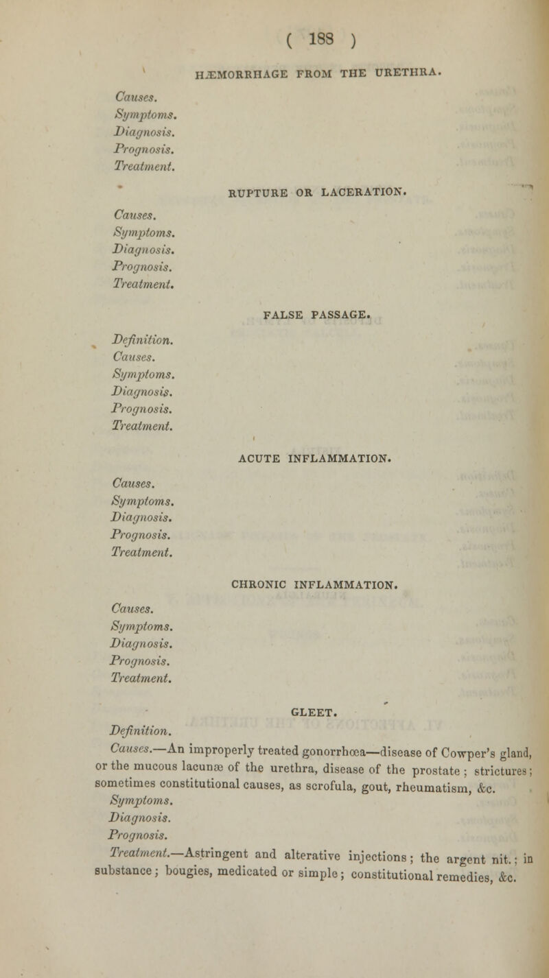 Symptoms. Diagnosis. Prognosis. Treatment. Causes. Symptoms. Diagnosis. Prognosis. Treatment. Definition. Causes. Symptoms. Diagnosis. Prognosis. Treatment. Causes. Symptoms. Diagnosis. Prognosis. Treatment. Causes. Symptoms. Diagnosis. Prognosis. Treatment. ( 199 ) HEMORRHAGE FROM THE URETHRA. RUPTURE OR LACERATION. FALSE PASSAGE. ACUTE INFLAMMATION. CHRONIC INFLAMMATION. GLEET. Definition. Causes.—An improperly treated gonorrhoea—disease of Cowper's gland, or the mucous lacunae of the urethra, disease of the prostate ; strictures; sometimes constitutional causes, as scrofula, gout, rheumatism, &c. Symptoms. Diagnosis. Prognosis. Treatment.—Astringent and alterative injections; the argent nit.: in substance; bougies, medicated or simple; constitutional remedies, &c.