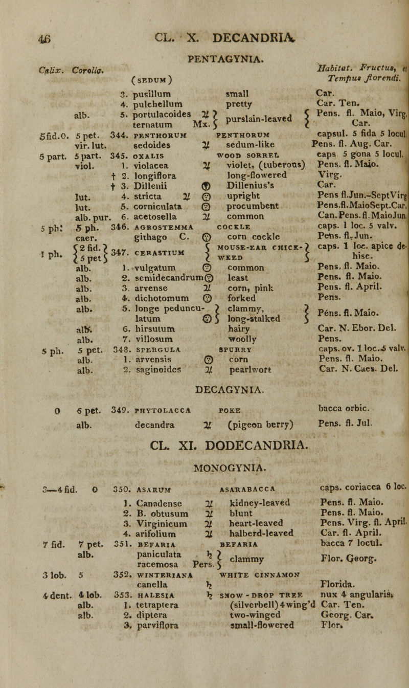 PENTAGYNIA. C&Ux. Corolla* (sedum) Habitat. Fructus, t\ Temput Jlorendi. 3. pusillum small Car. 4. pulchellum pretty Car. Ten. alb. 5. portulacoides ternatum *. > purslain-leaved \ Pens. fl. Maio, Virg Car. 5fid.O. 5 pct. 344. PENTHORUM PENTHORUM capsul. 5 fida 5 locul. vir. lut. sedoides ^ sedum-like Pens. 11. Aug. Car. 5 part. 5 part. 345. oxalis tVOOD SORREL eaps 5 gbna 5 locul. viol. 1. violacea ^ violet, (tuberous) Pens. fl. Maio. t 2. longiflora long-flowered Virg. t 3. Dillenii (J> Dillenius's Car. lut. 4. stricta % 0 upright Pens fl.Jun.-ScptVirg lut. 5. corniculata 0 procumbent Pens.fl.MaioSept.Car, alb. pur . 6. acetosella % common Can. Pens. fl. MaioJun. 5pb.' 5ph. 346. AGROSTEMMA COCKLE caps. 1 loc. 5 valv. caer. githago C. 0 corn cockle Pens. fl-Jun. I ph. $2fid.} l 5 pet > 347. CERASTIUM C MOUSE-EAR CHiCK \ WEED 1 caps. 1 loe. apicc de- hisc. alb. 1. vulgatum 0 common Pens, fl. Maio. alb. 2. semidecandrum(v> least Pens. fl. Maio. alb. 3. arvense H corn, pink Pens. fl. April. alb. 4. dichotomum © forked Pens. alb. 5. longe peduncu- > clammy, latum © } long-stalked l Pens. fl. Maio. altt. 6. hirsutum hairy Car. N. Ebor. Del. alb. 7. villosum vfoolly Pens. 5 ph. 5 pet. 348. STERGULA 8PURRY caps. ov. 1 loc.S valv. alb. 1. arvensis 0 corn Pens. fl. Maio. alb. 2. saginoides % pearlwoft DECAGYNIA. Car. N. Caes. Del. 0 5 pet. 349. PHYTOLACCA POKE bacca orbic. alb. decandra % (pigeon berry) Pens. fl. Jul. CL. XI . DODECANDRIA. MONOGYNIA. 3—4 fid. 0 350. ASARUM ASARABACCA caps. coriacea 6 loc. 1. Canadense % kidney-leaved Pens. fl. Maio. 2. B. obtusum % blunt Pens. fl. Maio. 3. Virginicum % heart-leaved Pens. Virg. fl. April 4. arifolium % halberd-leaved Car. fl. April. 7fid. 7pet. 351. BEFAHIA BEFARIA bacca 7 lociil. alb. paniculata racemosa Perl^ Cl&mmy Flor. Qeorg. 3 1ob. 5 352. WINTERlANA WHITE CINNAMON canella >2 Florida. 4dent . 41ob. 353. HALESIA \ SNOW-DROP TREE nux 4 angularis» alb. 1* tetraptera (silverbell)4win g'< 1 Car. Ten. alb. 2. diptera two-winged Georg. Car. 3, parviflpra small-flowered iFlor*