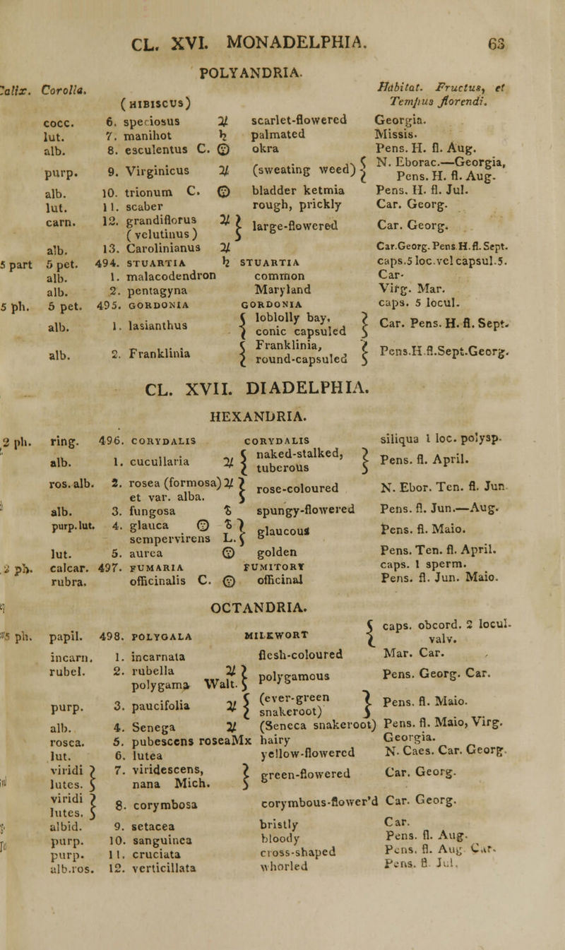 POLYANDRIA Corolla. cocc. lut. alb. purp. alb. lut. carn. alb. 5 pet. alb. alb. 5 pet. alb. alb. (hibiscus) 6. specioxus 7. manihot h 8. esculentus C. © 9. Virginicus % 10. trionum C. 11. scaber 12. grandiflorus ( vclutinus) 13. Carolinianus 494. STUARTIA 1. malacodendron 2. pentagyna 495. GORDONIA 1 lasianthus Franklinia scarlet-flowered palmated okra (sweating weed) bladder ketmia rough, prickly large-flowered stuartia comrnon Maryland gordonia C loblolly bay, l conic capsuled Franklinia, round-capsuled Habitat. Fructusy et Temjim Jtorendi. Georgia. Missis. Pens. H. fl. Aug. C, N. Eborac.—Georgia, \ Pens.H. fl. Aug. Pens. II. fl. Jul. Car. Georg. Car. Georg. Car.Georg. Pens H. fl. Sept. caps.5 loc.vcl capsul.5. Car- Vifg. Mar. caps. 5 Iocul. X Car. Pens. H. fl. Sept. > Pens.K fl.Sept.Georg. CL. XVII. DIADELPHIA. HEXANDRIA. ring. alb. ros.alb. alb. purp. lut. lut. calcar. rubra. 496. CORYDALIS 1. cucullaria »1 2. rosea (formosa)^ ~> et var. alba. £ 3. fungosa 4. glauca © sempervirens 5. aurca 497. fumaria officinalis C. CORYDALIS naked-stalked, tuberous rose-coloured spungy-flowered glaucoua golden €> fUMITORT officinal siliqua l loc. polysp. Pens. fl. April. N. Ebor. Tcn. fl. Jun Pens. fl. Jun.—Aug. Pens. fl. Maio. Pens. Ten. fl. April. caps. 1 sperm. Pens. fl. Jun. Maio. OCTANDRIA. papil. 498. POLYGALA mcarn. rubel. purp. alb. rosca. lut. viridi lutes. viridi Iutes. albid. purp. purp. alb.ros. 1. 2. MILKWORT flesh-coloured -gamous 1 9. 10. II. 12. mcarnaia rubella % > . polygama- Walt. $ .... C (ever-green paucifoha % l ^naker800t) Senega 3/ (Sencca snakeroot) pubescens roseaMx hairy lutea viridescens, } caps. obcord. 2 locul- valv. Mar. Car. Pens. Georg. Car. Pens. fl. Maio. Pens. fl. Maio, Virg. Georgia. N. Caes. Car. Georfc nana Mich. corymbosa setacea sanguinca cruciata verticillata yellow-fiowercd green-flowered Car. Georg. corymbous-flower*d Car. Georg. bristly bloody cross-shaped whorled Car. Pens. fl. Aug. Pcns. fl. Aug d: pw-ns. fl Jui.