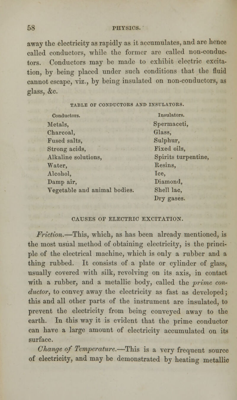 away the electricity as rapidly as it accumulates, and are hence called conductors, while the former are called non-conduc- tors. Conductors may be made to exhibit electric excita- tion, by being placed under such conditions that the fluid cannot escape, viz., by being insulated on non-conductors, as glass, &c. TABLE OF CONDUCTORS AND INSULATORS. Conductors. Insulators. Metals, Spermaceti, Charcoal, Glass, Fused salts, Sulphur, Strong acids, Fixed oils, Alkaline solutions, Spirits turpentine, Water, Resins, Alcohol, Ice, Damp air, Diamond, Vegetable and animal bodies. Shell lac, Dry gases. CAUSES OP ELECTRIC EXCITATION. Friction.—This, which, as has been already mentioned, is the most usual method of obtaining electricity, is the princi- ple of the electrical machine, which is only a rubber and a thing rubbed. It consists of a plate or cylinder of glass, usually covered with silk, revolving on its axis, in contact with a rubber, and a metallic body, called the prime con- ductor, to convey away the electricity as fast as developed; this and all other parts of the instrument are insulated, to prevent the electricity from being conveyed away to the earth. In this way it is evident that the prime conductor can have a large amount of electricity accumulated on its surface. Change of Temperature.—This is a very frequent source of electricity, and may be demonstrated by heating metallic