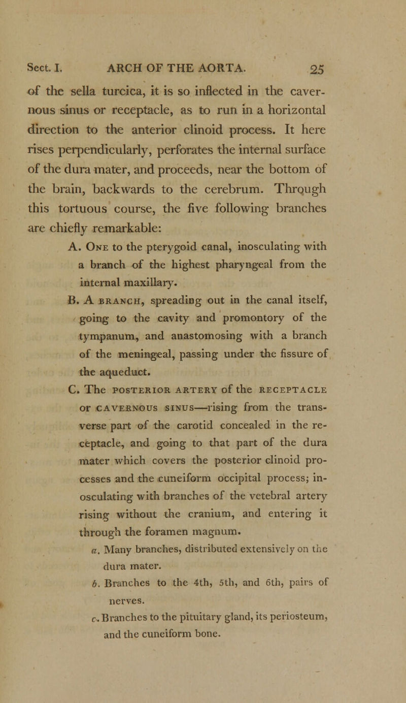 of the sella turcica, it is so inflected in the caver- nous sinus or receptacle, as to run in a horizontal direction to the anterior clinoid process. It here rises perpendicularly, perforates the internal surface of the dura mater, and proceeds, near the bottom of the brain, backwards to the cerebrum. Through this tortuous course, the five following branches are chiefly remarkable: A. One to the pterygoid canal, inosculating with a branch of the highest pharyngeal from the internal maxillary. B. A branch, spreading out in the canal itself, going to the cavity and promontory of the tympanum, and anastomosing with a branch of the meningeal, passing under the fissure of the aqueduct. C. The POSTERIOR ARTERY of the RECEPTACLE or cavernous sinus—rising from the trans- verse part of the carotid concealed in the re- ceptacle, and going to that part of the dura mater which covers the posterior clinoid pro- cesses and the cuneiform occipital process; in- osculating with branches of the vetebral artery rising without the cranium, and entering it through the foramen magnum. a. Many branches, distributed extensively on the dura mater. 6. Branches to the 4th, 5th, and 6th, pairs of nerves. c. Branches to the pituitary gland, its periosteum, and the cuneiform bone.