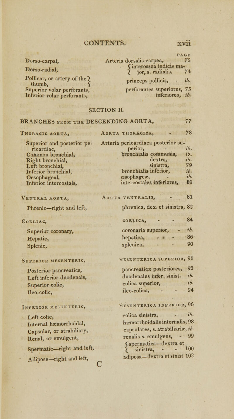 Dorso-carpal, Dorso-radial, Pollicar, or artery of the) thumb, 5 Superior volar perforants, Inferior volar perforants, PAGE Arteria dorsalis carpea, 73 Cinterossea indicis ma- £ jor, s. radialis, 74 princeps pollicis, - ib. perforantes superiores, 75 inferiores, ib. SECTION II. BRANCHES from the DESCENDING AORTA, Thoracic aorta, Aorta thoracica, 77 78 Superior and posterior pe- Arteria pericardiaca posterior su- ricardiac, perior, - ib. Common bronchial, bronchialis communis, ib. Right bronchial, dextra, ib. Left bronchial, sinistra, 79 Inferior bronchial, bronchialis inferior, ib. Oesophageal, oesophagex, - ib. Inferior intercostals, intercostales inferiores, 80 Ventral aorta, Phrenic—right and left, Coeliac, Superior coronary, Hepatic, Splenic, Superior mesenteric, Posterior pancreatics, Left inferior duodenals, Superior colic, Ileo-colic, Inferior mesenteric, Left colic, Internal hemorrhoidal, Capsular, or atrabiliary, Renal, or emulgent, Spermatic—right and left, Adipose—right and left, Aorta ventralis, - 81 phrenica, dex. et sinistra, 82 84 COELICA, coronaria superior, hepatica, - • splenica, ib. 86 90 VIESENTERICA SUPERIOR, 91 pancreatice posteriores, 92 duodenales infer, sinist. ib. colica superior, ib. ileo-colica, - - 94 MESENTERICA INFERIOR, 96 colica sinistra, - ib. hxmorrhoidalis internalis, 98 capsulares, s. atrabiliarise, ib. renalis s. emulgens, - 99 Cspermatica—dextra et £ sinistra, * - 100 adiposa—dextra et sinist. 102