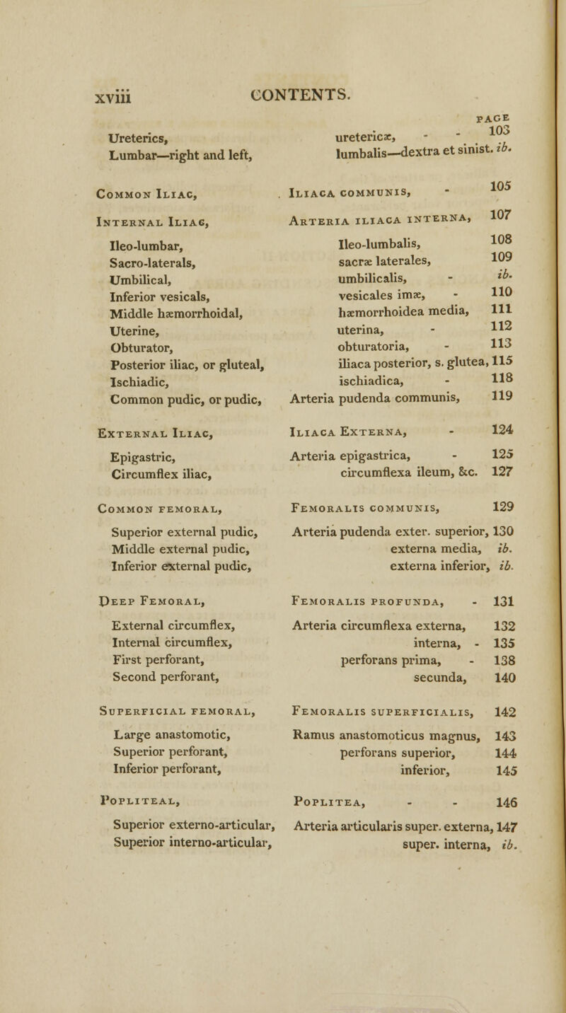 Ureterics, Lumbar—right and left, Common Iliac, Internal Iliac, Ileo-lumbar, Sacro-laterals, Umbilical, Inferior vesicals, Middle hemorrhoidal, Uterine, Obturator, Posterior iliac, or gluteal, Ischiadic, Common pudic, or pudic, External Iliac, Epigastric, Circumflex iliac, Common femoral, Superior external pudic, Middle external pudic, Inferior external pudic, Peep Femoral, External circumflex, Internal circumflex, First perforant, Second perforant, Superficial femoral, Large anastomotic, Superior perforant, Inferior perforant, Popliteal, Superior externo-articular, Superior interno-articular, page ureteric*, -  10v> lumbalis—dextra et sinist. ib. Iliaca communis, Arteria iliaca interna, 105 107 Ileo-lumbalis, sacrae laterales, umbilicalis, vesicales imae, hxmorrhoidea media, uterina, obturatoria, iliaca posterior, s. glutea, 115 ischiadica, - H° Arteria pudenda communis, 119 108 109 ib. 110 111 112 113 Iliaca Externa, 124 Arteria epigastrica, - 125 circumflexa ileum, &c. 127 Femoralis communis, 129 Arteria pudenda exter. superior, 130 externa media, ib. externa inferior, ib. Femoralis profunda, Arteria circumflexa externa, interna, perforans prima, secunda, 131 132 135 138 140 142 Femoralis superficialis, Ramus anastomoticus magnus, 143 perforans superior, 144 inferior, 145 POPLITEA, - - 146 Arteria articularis super, externa, 147 super, interna, ib.