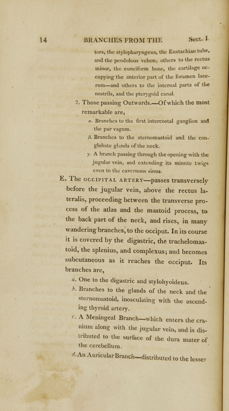 tors, the stylopharyngeus, the Eustachian tube, and the pendulous velum; others to the rectus minor, the cuneiform bone, the cartilage oc- cupying the anterior part of the foramen lace- rum—and others to the internal parts of the nostrils, and the pterygoid canal. 2. Those passing Outwards.—Of which the most remarkable are, a. Branches to the first intercostal ganglion and the par vagum. (i. Branches to the sternomastoid and the con- globate glands of the neck. y. A branch passing through the opening with the jugular vein, and extending its minute twigs even to the cavernous sinus. E. The occipital artery—passes transversely before the jugular vein, above the rectus la- teralis, proceeding between the transverse pro- cess of the atlas and the mastoid process, to the back part of the neck, and rises, in many wandering branches, to the occiput. In its course it is covered by the digastric, the trachelomas- toid, the splenius, and complexus; and becomes subcutaneous as it reaches the occiput. Its branches are, a. One to the digastric and stylohyoideus. b. Branches to the glands of the neck and the ' sternomastoid, inosculating with the ascend- ing thyroid artery. c A Meningeal Branch—which enters the cra- nium along with the jugular vein, and is dis- tributed to the surface of the dura mater of the cerebellum. d. An AuricularBranch-distributcd to the lesser