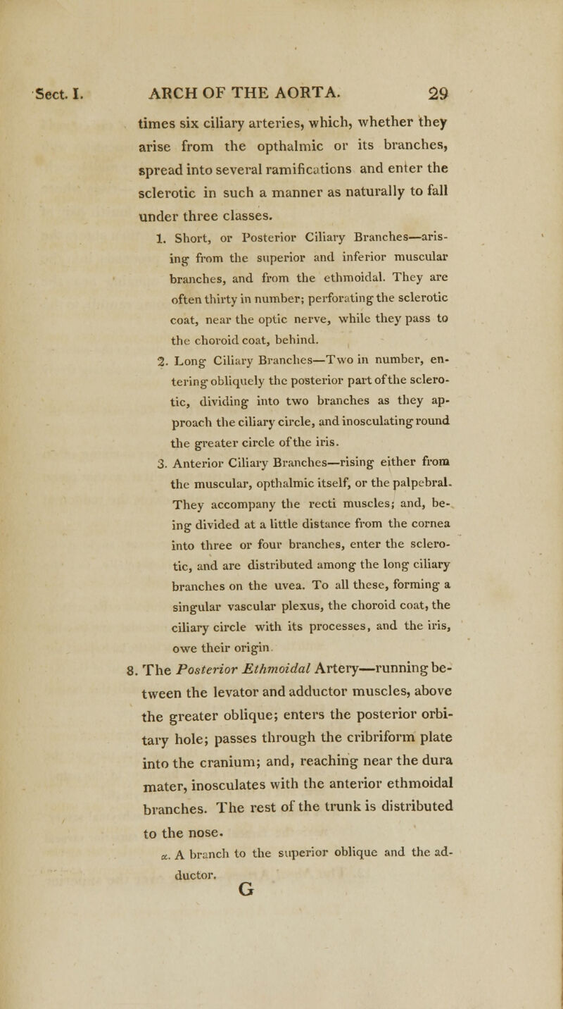 times six ciliary arteries, which, whether they arise from the opthalmic or its branches, spread into several ramifications and enter the sclerotic in such a manner as naturally to fall under three classes. 1. Short, or Posterior Ciliary Branches—aris- ing' from the superior and inferior muscular branches, and from the ethmoidal. They are often thii'ty in number; perforating the sclerotic coat, near the optic nerve, while they pass to the choroid coat, behind. 2- Long Ciliary Branches—Two in number, en- tering obliquely the posterior part of the sclero- tic, dividing into two branches as they ap- proach the ciliary circle, and inosculating round the greater circle of the iris. 3. Anterior Ciliary Branches—rising either from the muscular, opthalmic itself, or the palpebral. They accompany the recti muscles; and, be- ing divided at a little distance from the cornea into three or four branches, enter the sclero- tic, and are distributed among the long ciliary branches on the uvea. To all these, forming a singular vascular plexus, the choroid coat, the ciliary circle with its processes, and the iris, owe their origin 8. The Posterior Ethmoidal Artery—running be- tween the levator and adductor muscles, above the greater oblique; enters the posterior orbi- tary hole; passes through the cribriform plate into the cranium; and, reaching near the dura mater, inosculates with the anterior ethmoidal branches. The rest of the trunk is distributed to the nose. a.. A branch to the superior oblique and the ad- ductor. G