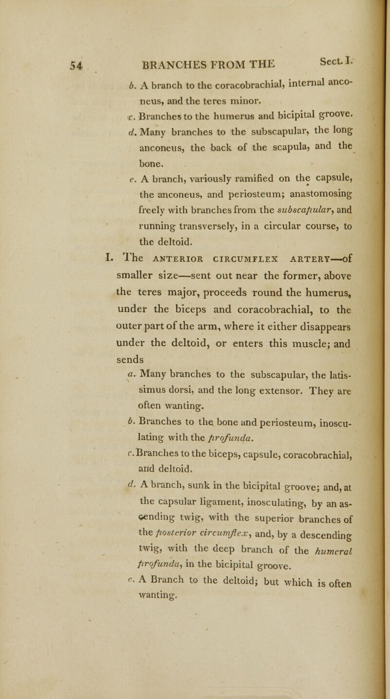 b. A branch to the coracobrachial, internal anco- neus, and the teres minor. c. Branches to the humerus and bicipital groove. d. Many branches to the subscapular, the long anconeus, the back of the scapula, and the bone. e. A branch, variously ramified on the capsule, the anconeus, and periosteum; anastomosing freely with branches from the subscapular, and running transversely, in a circular course, to the deltoid. I. The ANTERIOR CIRCUMFLEX ARTERY of smaller size—sent out near the former, above the teres major, proceeds round the humerus, under the biceps and coracobrachial, to the outer part of the arm, where it either disappears under the deltoid, or enters this muscle; and sends a. Many branches to the subscapular, the latis- simus dorsi, and the long extensor. They are often wanting. b. Branches to the bone and periosteum, inoscu- lating with the profunda. c. Branches to the biceps, capsule, coracobrachial, and deltoid. d. A branch, sunk in the bicipital groove; and, at the capsular ligament, inosculating, by an as- cending twig, with the superior branches of the posterior circumflex, and, by a descending twig, with the deep branch of the humeral profunda, in the bicipital groove. e. A Branch to the deltoid; but which is often wanting-.
