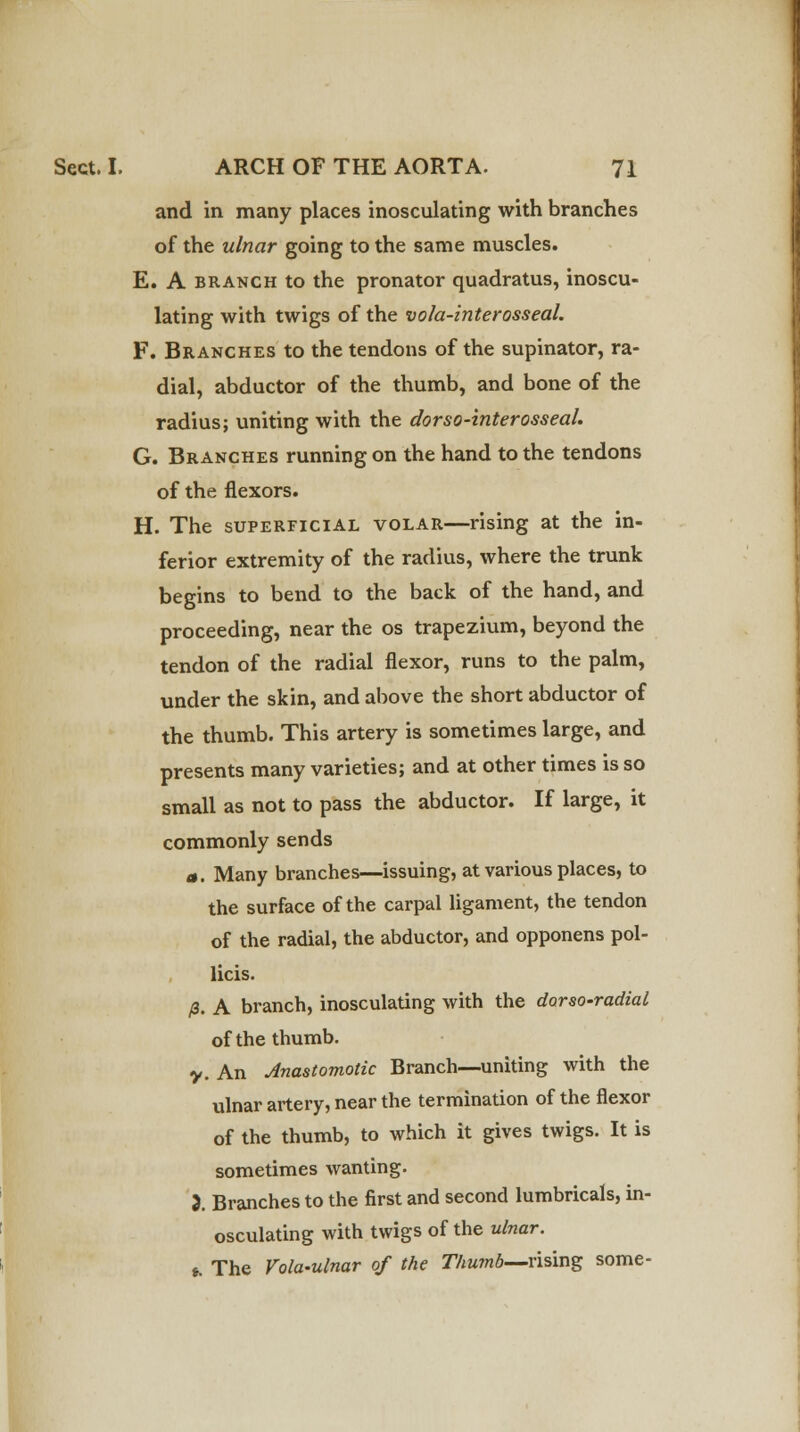 and in many places inosculating with branches of the ulnar going to the same muscles. E. A branch to the pronator quadratus, inoscu- lating with twigs of the vola-znterosseal. F. Branches to the tendons of the supinator, ra- dial, abductor of the thumb, and bone of the radius; uniting with the dorso-interosseal. G. Branches running on the hand to the tendons of the flexors. H. The superficial volar—rising at the in- ferior extremity of the radius, where the trunk begins to bend to the back of the hand, and proceeding, near the os trapezium, beyond the tendon of the radial flexor, runs to the palm, under the skin, and above the short abductor of the thumb. This artery is sometimes large, and presents many varieties; and at other times is so small as not to pass the abductor. If large, it commonly sends m. Many branches—issuing, at various places, to the surface of the carpal ligament, the tendon of the radial, the abductor, and opponens pol- licis. /3. A branch, inosculating with the dorso-radial of the thumb, y. An Anastomotic Branch—uniting with the ulnar artery, near the termination of the flexor of the thumb, to which it gives twigs. It is sometimes wanting. 3. Branches to the first and second lumbricals, in- osculating with twigs of the ulnar. t. The Vola-ulnar of the Thumb—vising some-
