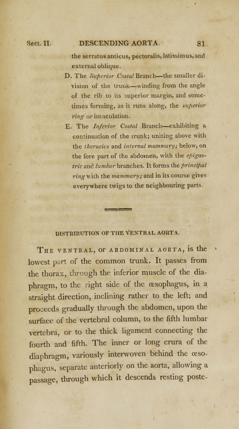 the serratus anticus, pectoralis, latissimus, and external oblique. D. The Superior Costal Branch—the smaller di- vision of the trunk—winding from the angle of the rib to its superior margin, and some- times forming, as it runs along, the superior ring or inosculation. E. The Inferior Costal Branch—exhibiting a continuation of the trunk; uniting above with the thoracics and internal mammary; below, on the fore part of the abdomen, with the epigas- tric and lumbar branches. It forms the principal ringv.ith the mammary; and in its course gives everywhere twigs to the neighbouring parts. DISTRIBUTION OF THE VENTRAL AORTA. The ventral, or abdominal aorta, is the * lowest part of the common trunk. It passes from the thorax, through the inferior muscle of the dia- phragm, to the right side of the oesophagus, in a straight direction, inclining rather to the left; and proceeds gradually through the abdomen, upon the surface of the vertebral column, to the fifth lumbar vertebra, or to the thick ligament connecting the fourth and fifth. The inner or long crura of the diaphragm, variously interwoven behind the oeso- phagus, separate anteriorly on the aorta, allowing a passage, through which it descends resting poste-