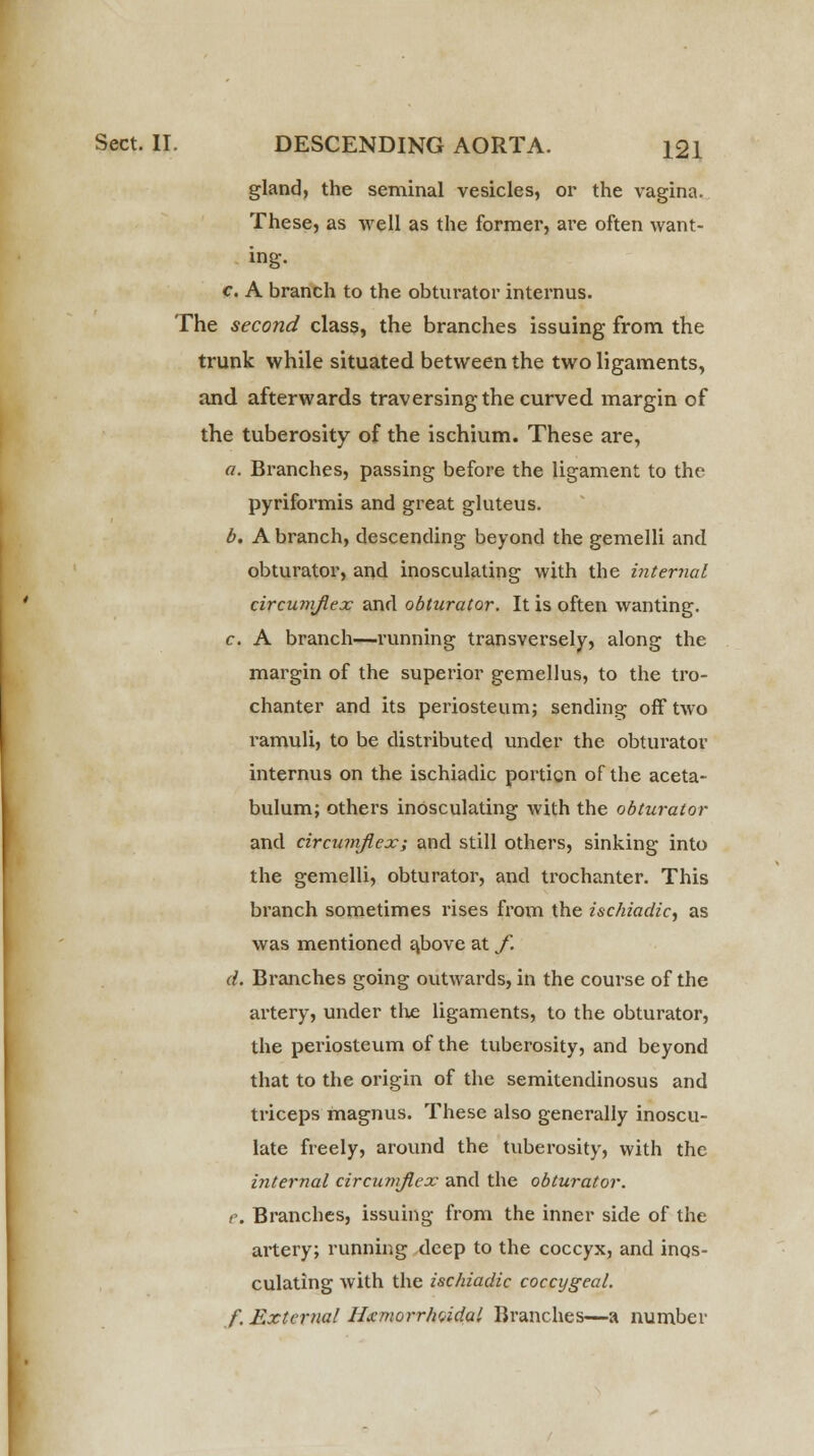 gland, the seminal vesicles, or the vagina. These, as well as the former, are often want- ing. c. A branch to the obturator internus. The second class, the branches issuing from the trunk while situated between the two ligaments, and afterwards traversing the curved margin of the tuberosity of the ischium. These are, a. Branches, passing before the ligament to the pyriformis and great gluteus. b. A branch, descending beyond the gemelli and obturator, and inosculating with the internal circumflex and obturator. It is often wanting. c. A branch—running transversely, along the margin of the superior gemellus, to the tro- chanter and its periosteum; sending off two ramuli, to be distributed under the obturator internus on the ischiadic portion of the aceta- bulum; others inosculating with the obturator and circumflex; and still others, sinking into the gemelli, obturator, and trochanter. This branch sometimes rises from the ischiadic, as was mentioned above at f. d. Branches going outwards, in the course of the artery, under the ligaments, to the obturator, the periosteum of the tuberosity, and beyond that to the origin of the semitendinosus and triceps magnus. These also generally inoscu- late freely, around the tuberosity, with the internal circumflex and the obturator. r. Branches, issuing from the inner side of the artery; running deep to the coccyx, and inos- culating with the ischiadic coccygeal. f. External Hemorrhoidal Branches—a number