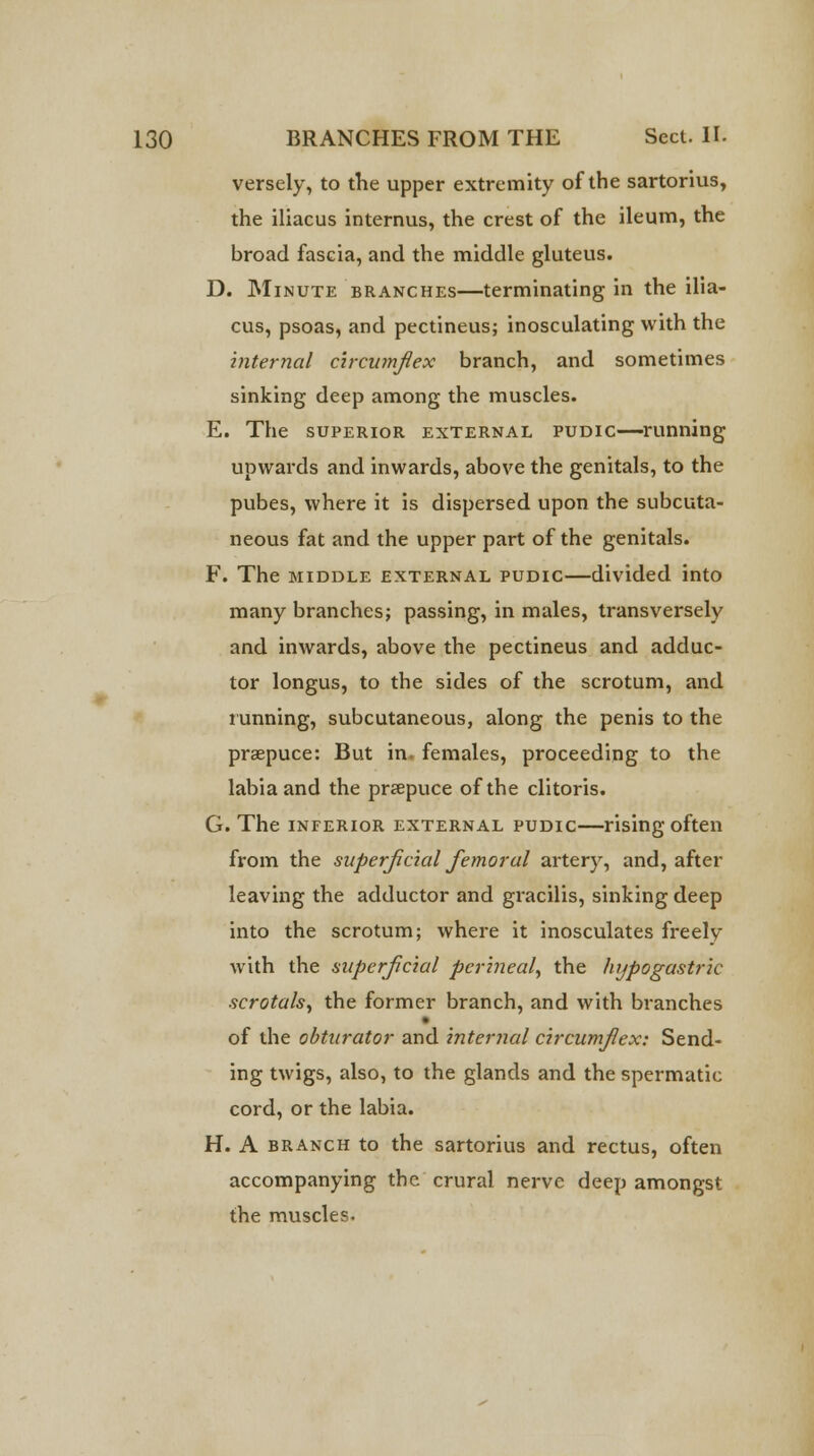 versely, to the upper extremity of the sartorius, the iliacus internus, the crest of the ileum, the broad fascia, and the middle gluteus. D. Minute branches—terminating in the ilia- cus, psoas, and pectineus; inosculating with the internal circumflex branch, and sometimes sinking deep among the muscles. E. The superior external pudic—running upwards and inwards, above the genitals, to the pubes, where it is dispersed upon the subcuta- neous fat and the upper part of the genitals. F. The middle external pudic—divided into many branches; passing, in males, transversely and inwards, above the pectineus and adduc- tor longus, to the sides of the scrotum, and running, subcutaneous, along the penis to the praepuce: But in. females, proceeding to the labia and the prapuce of the clitoris. G. The inferior external pudic—rising often from the superficial femoral artery, and, after leaving the adductor and gracilis, sinking deep into the scrotum; where it inosculates freely with the superficial perineal, the hypogastric scrotals, the former branch, and with branches of the obturator and internal circumflex: Send- ing twigs, also, to the glands and the spermatic cord, or the labia. H. A branch to the sartorius and rectus, often accompanying the crural nerve deep amongst the muscles.