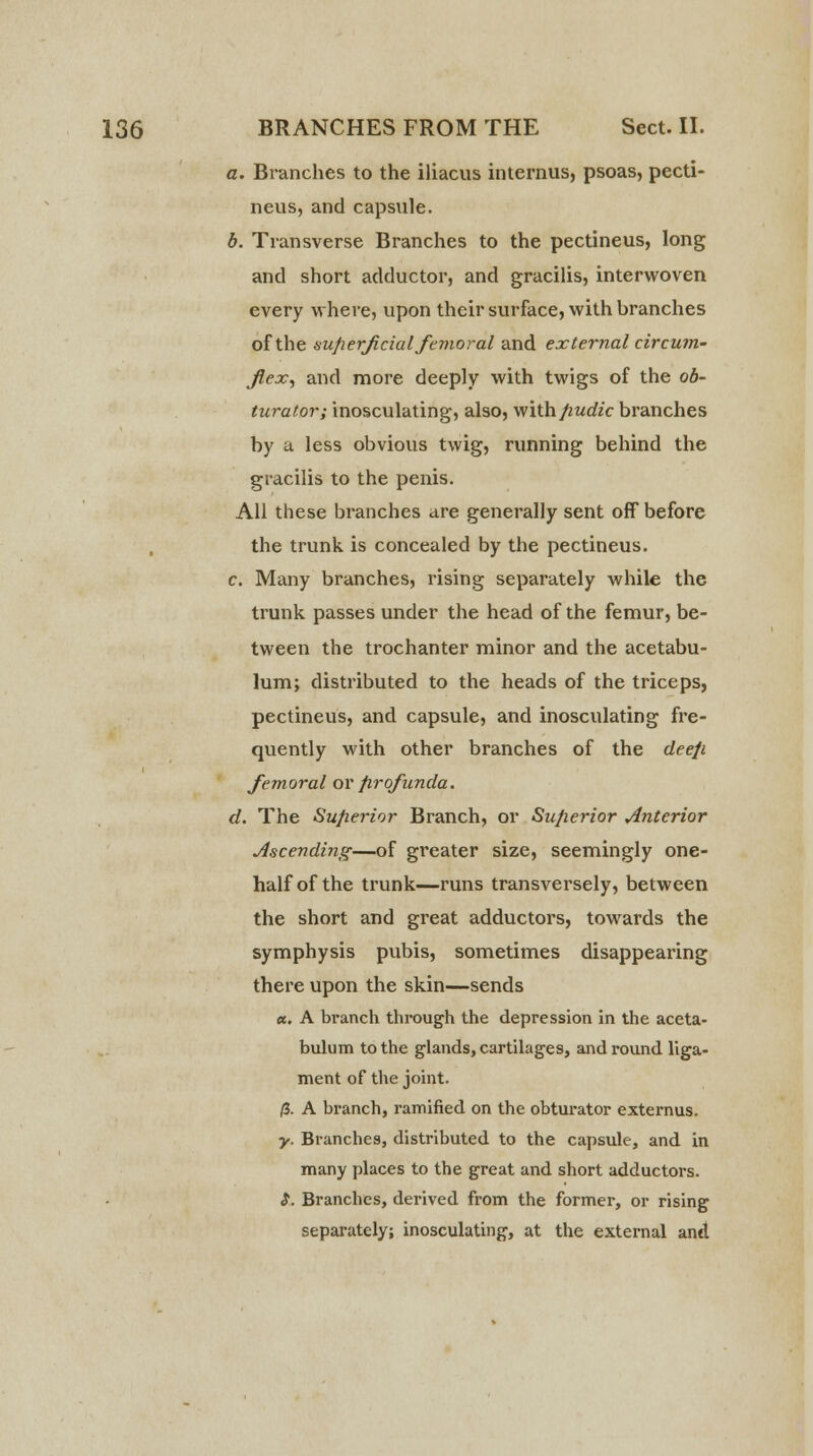 a. Branches to the iliacus interims, psoas, pecti- neus, and capsule. b. Transverse Branches to the pectineus, long and short adductor, and gracilis, interwoven every where, upon their surface, with branches of the superficial femoral and external circum- jlex, and more deeply with twigs of the ob- turator; inosculating, also, withpudic branches by a less obvious twig, running behind the gracilis to the penis. All these branches are generally sent off before the trunk is concealed by the pectineus. c. Many branches, rising separately while the trunk passes under the head of the femur, be- tween the trochanter minor and the acetabu- lum; distributed to the heads of the triceps, pectineus, and capsule, and inosculating fre- quently with other branches of the deep femoral or profunda. d. The Superior Branch, or Superior Anterior Ascending—of greater size, seemingly one- half of the trunk—runs transversely, between the short and great adductors, towards the symphysis pubis, sometimes disappearing there upon the skin—sends ec. A branch through the depression in the aceta- bulum to the glands, cartilages, and round liga- ment of the joint. p. A branch, ramified on the obturator externus. y. Branches, distributed to the capsule, and in many places to the great and short adductors. $. Branches, derived from the former, or rising separately; inosculating, at the external and