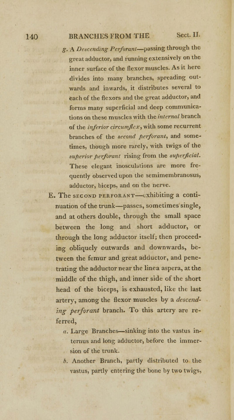 g. A Descending Perforant—passing through the great adductor, and running extensively on the inner surface of the flexor muscles. As it here divides into many branches, spreading out- wards and inwards, it distributes several to each of the flexors and the great adductor, and forms many superficial and deep communica- tions on these muscles with the internal branch of the inferior circumflex, with some recurrent branches of the second perforant, and some- times, though more rarely, with twigs of the superior perforant rising from the superficial. These elegant inosculations are more fre- quently observed upon the semimembranosus, adductor, biceps, and on the nerve. E. The second perforant—exhibiting a conti- nuation of the trunk—passes, sometimes single, and at others double, through the small space between the long and short adductor, or through the long adductor itself; then proceed- ing obliquely outwards and downwards, be- tween the femur and great adductor, and pene- trating the adductor near the linea aspera, at the middle of the thigh, and inner side of the short head of the biceps, is exhausted, like the last artery, among the flexor muscles by a descend- ing perforant branch. To this artery are re- ferred, a. Large Branches—sinking into the vastus in- ternus and long adductor, before the immer- sion of the trunk. b. Another Branch, partly distributed to the vastus, partly entering the bone by two twigs.