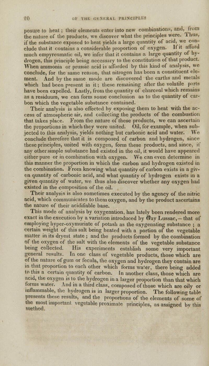 posure to heat; their elements enter into new combinations, and,^ from the nature of the products, we discover what the principles were- Thus, if the substance exposed to heat yields a large quantity of acid, we con- clude that it contains a considerable proportion of oxygen. I fit afford much empyreumatic oil, we infer that it contains a large quantity of hy- drogen, this principle being necessary to the constitution of that product. When ammonia or prussic acid is afforded by this kind of analysis, we conclude, for the same reason, that nitrogen has been a constituent ele- ment. And by the same mode are discovered the earths and metals which had been present in it; these remaining after the volatile parts have been expelled. Lastly, from the quantity of charcoal which remains as a residuum, we can form some conclusion as to the quantity of car- bon which the vegetable substance contained. Their analysis is also effected by exposing them to heat with the ac- cess of atmospheric air, and collecting the products of the combustion that takes place. From the nature of these products, we can ascertain the proportions in which they were united. Oil, for example, when sub- jected to this analysis, yields nothing but carbonic acid and water. We conclude therefore that it is composed of carbon and hydrogen, since these principles, united with oxygen, form these products, and since, if any other simple substance had existed in the oil, it would have appeared either pure or in combination with oxygen. We can even determine in this manner the proportion in which the carbon and hydrogen existed in the combination. From knowing what quantity of carbon exists in a giv- en quantity of carbonic acid, and what quantity of hydrogen exists in a given quantity of water, we thus also discover whether any oxygen had existed in the composition of the oil. Their analysis is also sometimes executed by the agency of the nitric acid, which communicates to them oxygen, and by the product ascertains the nature of their acidifiable base. This mode of analysis by oxygenation, has lately been rendered more exact in the execution by a variation introduced by ®ay Lussac, — that of employing hyper-oxymuriate of potash as the oxygenating substance ; a certain weight of this salt being heated with a portion of the vegetable matter in its dryest state ; and the products formed by the combination of the oxygen of the salt with the elements of the vegetable substance being collected. His experiments establish some very important general results. In one class of vegetable products, those which are of the nature of gum or fecula, the oxygen and hydrogen they contain are in that proportion to each other which forms water, there being added to this a certain quantity of carbon. In another class, those which are acid, the oxygen is to the hydrogen in a larger proportion than that which forms water. And in a third class, composed of those which are oily or inflammable, the hydrogen is in larger proportion. The following table presents these results, and the proportions of the elements of some of the most important vegetable proximate nrinciples, as assigned bv this