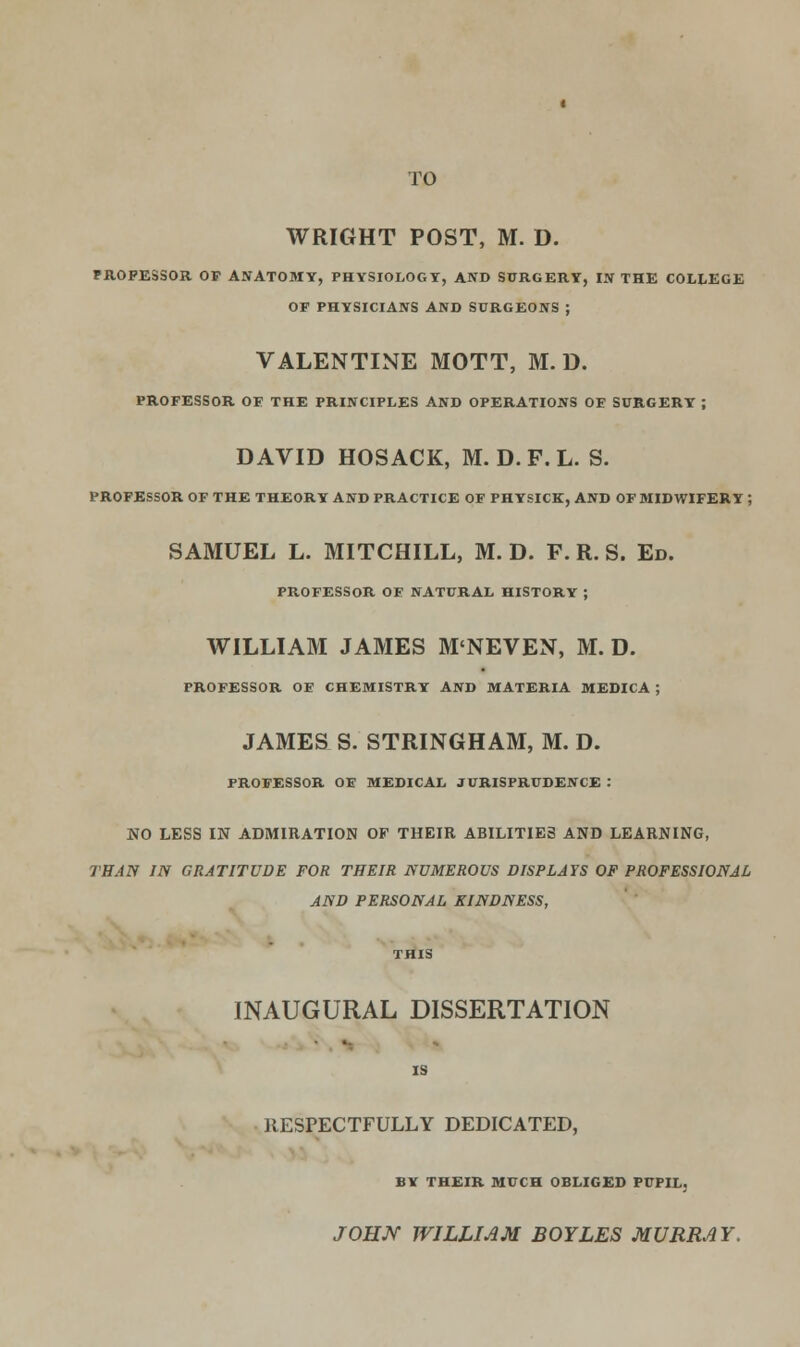 TO WRIGHT POST, M. D. PROFESSOR OF ANATOMY, PHYSIOLOGY, AND SURGERY, IN THE COLLEGE OF PHYSICIANS AND SURGEONS ; VALENTINE MOTT, M. D. PROFESSOR OF THE PRINCIPLES AND OPERATIONS OF SURGERY ; DAVID HOSACK, M. D.F.L. S. PROFESSOR OF THE THEORY AND PRACTICE OF PHYSICK, AND OF MIDWIFERY ; SAMUEL L. MITCHILL, M. D. F. R. S. Ed. PROFESSOR OF NATURAL HISTORY ; WILLIAM JAMES M'NEVEN, M. D. PROFESSOR OE CHEMISTRY AND MATERIA MEDICA ; JAMES S. STRINGHAM, M. D. PROFESSOR OE MEDICAL JURISPRUDENCE : NO LESS IN ADMIRATION OF THEIR ABILITIES AND LEARNING, THAN IN GRATITUDE FOR THEIR NUMEROUS DISPLAYS OF PROFESSIONAL AND PERSONAL KINDNESS, THIS INAUGURAL DISSERTATION IS RESPECTFULLY DEDICATED, BY THEIR MUCH OBLIGED PUPIL, JOHN WILLIAM BOYLES MURRAY.