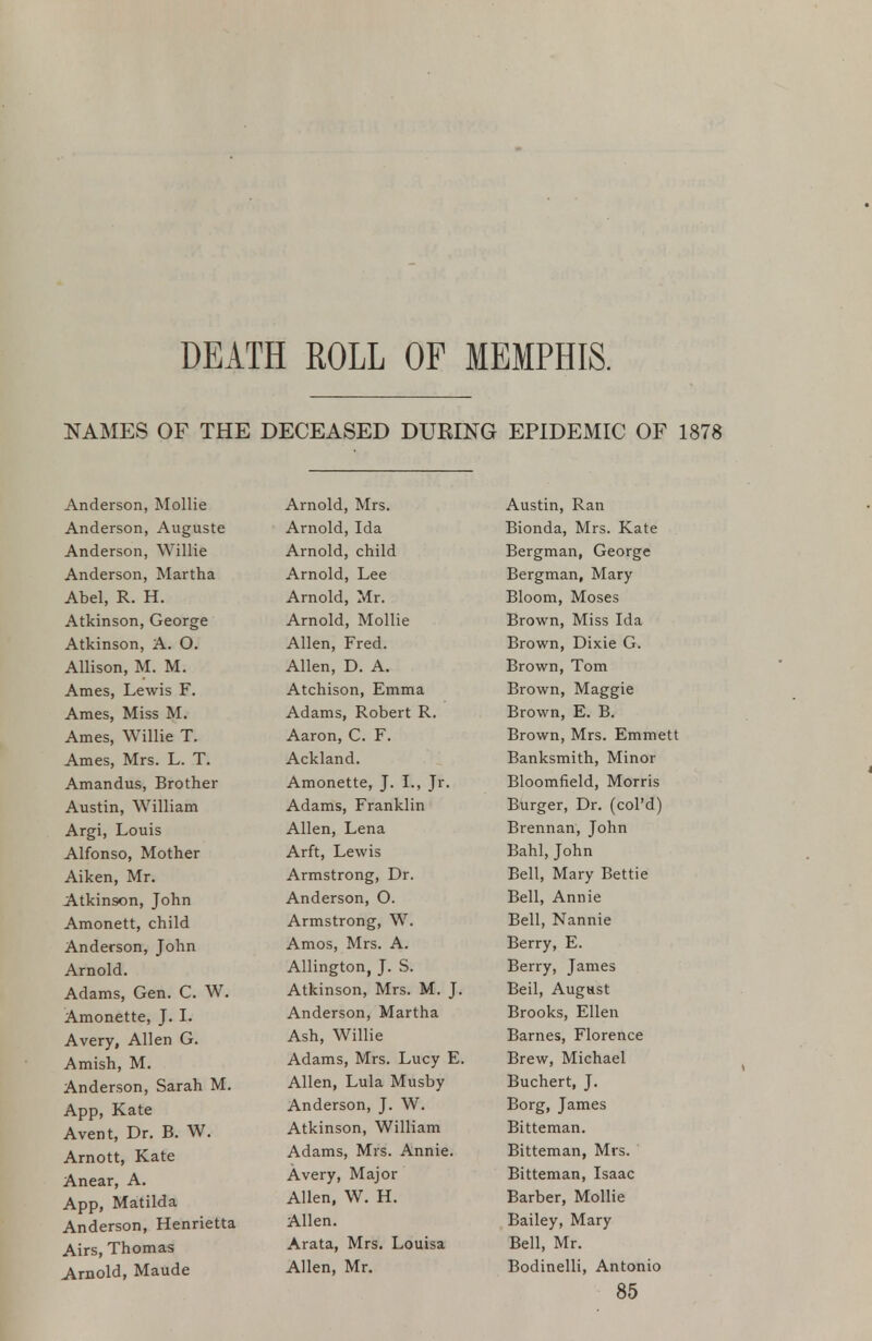DEATH ROLL OF MEMPHIS. NAMES OF THE DECEASED DURING EPIDEMIC OF 1878 Anderson, Mollie Anderson, Augusta Anderson, Willie Anderson, Martha Abel, R. H. Atkinson, George Atkinson, A. O. Allison, M. M. Ames, Lewis F. Ames, Miss M. Ames, Willie T. Ames, Mrs. L. T. Amandus, Brother Austin, William Argi, Louis Alfonso, Mother Aiken, Mr. Atkinson, John Amonett, child Anderson, John Arnold. Adams, Gen. C. W. Amonette, J. 1. Avery, Allen G. Amish, M. Anderson, Sarah M. App, Kate Avent, Dr. B. W. Arnott, Kate Anear, A. App, Matilda Anderson, Henrietta Airs, Thomas Arnold, Maude Arnold, Mrs. Arnold, Ida Arnold, child Arnold, Lee Arnold, Mr. Arnold, Mollie Allen, Fred. Allen, D. A. Atchison, Emma Adams, Robert R. Aaron, C. F. Ackland. Amonette, J. I., Jr. Adams, Franklin Allen, Lena Arft, Lewis Armstrong, Dr. Anderson, O. Armstrong, W. Amos, Mrs. A. Allington, J. S. Atkinson, Mrs. M. J. Anderson, Martha Ash, Willie Adams, Mrs. Lucy E. Allen, Lula Musby Anderson, J. W. Atkinson, William Adams, Mrs. Annie. Avery, Major Allen, W. H. Allen. Arata, Mrs. Louisa Allen, Mr. Austin, Ran Bionda, Mrs. Kate Bergman, George Bergman, Mary Bloom, Moses Brown, Miss Ida Brown, Dixie G. Brown, Tom Brown, Maggie Brown, E. B. Brown, Mrs. Emmett Banksmith, Minor Bloomfield, Morris Burger, Dr. (col'd) Brennan, John Bahl, John Bell, Mary Bettie Bell, Annie Bell, Nannie Berry, E. Berry, James Beil, August Brooks, Ellen Barnes, Florence Brew, Michael Buchert, J. Borg, James Bitteman. Bitteman, Mrs. Bitteman, Isaac Barber, Mollie Bailey, Mary Bell, Mr. Bodinelli, Antonio
