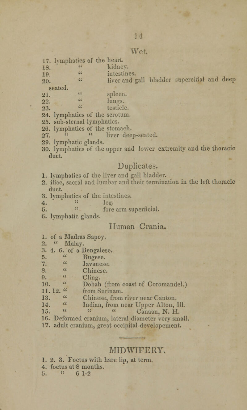 M Wet. 17. lymphatics of the heart. y- ues. upercifial and deep IS. a kidney. 19. « intestines. 20. a liver and gall bladder seated. 21. a spleen. 22. u lun 23. « testicle. 24. lymphatics of the scrotum. 25. sub-sternal lymphatics. 26. lymphatics of the stomach. 27.    liver deep-seated. 29. lymphatic glands. 30. lymphatics of the upper and lower extremity and the thoracic duct. Duplicates. 1. lymphatics of the liver and gall bladder. 2. iliac, sacral and lumbar and their termination in the left thoracic duct. 3. lymphatics of the intestines. 4. *  leg. 5.  fore arm superficial. 6. lymphatic glands. Human Crania. 1. of a Madras Sapoy. 2.  Malay. 3. 4. 6. of a Bengalese. 5.  Bugese. 7.  Javanese. 8.  Chinese. 9. « Cling. 10.  Dobah (from coast of Coromandel.) 11. 12.  from Surinam. 13.  Chinese, from river near Canton. 14.  Indian, from near Upper Alton, 111. 15.   « Canaan, N. H. 16. Deformed cranium, lateral diameter very small. 17. adult cranium, great occipital developement. MIDWIFERY. 1. 2. 3. Foetus with hare lip, at term. 4. foetus at 8 months.