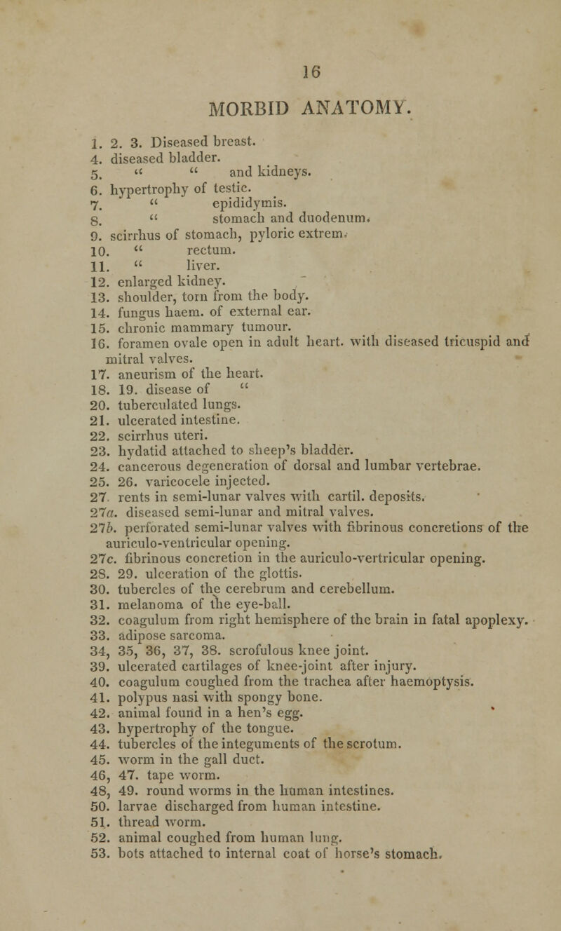 MORBID ANATOMY. I. 2. 3. Diseased breast. 4. diseased bladder. 5. «  and kidneys. 6. hypertrophy of testic. 7.  epididymis. g.  stomach and duodenum. 9. scirrhus of stomach, pyloric extrem, 10.  rectum. II.  liver. 12. enlarged kidney. 13. shoulder, torn from the body. 14. fungus haem. of external ear. 15. chronic mammary tumour. 16. foramen ovale open in adult heart, with diseased tricuspid and mitral valves. 17. aneurism of the heart. 18. 19. disease of  20. tuberculated lungs. 21. ulcerated intestine. 22. scirrhus uteri. 23. hydatid attached to sheep's bladder. 24. cancerous degeneration of dorsal and lumbar vertebrae. 25. 26. varicocele injected. 27. rents in semi-lunar valves with cartil. deposits. 27a. diseased semi-lunar and mitral valves. 27b. perforated semi-lunar valves with fibrinous concretions of the auriculo-ventricular opening. 27c. fibrinous concretion in the auriculo-vertricular opening. 28. 29. ulceration of the glottis. 30. tubercles of the cerebrum and cerebellum. 31. melanoma of the eye-ball. 32. coagulum from right hemisphere of the brain in fatal apoplexy. 33. adipose sarcoma. 34. 35, 36, 37, 38. scrofulous knee joint. 39. ulcerated cartilages of knee-joint after injury. 40. coagulum coughed from the trachea after haemoptysis. 41. polypus nasi with spongy bone. 42. animal found in a hen's egg. 43. hypertrophy of the tongue. 44. tubercles of the integuments of the scrotum. 45. worm in the gall duct. 46. 47. tape worm. 48, 49. round worms in the human intestines. 50. larvae discharged from human intestine. 51. thread worm. 52. animal coughed from human lung. 53. bots attached to internal coat of horse's stomach.