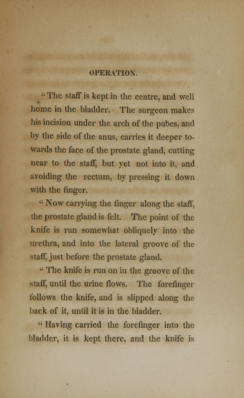 OPERATION. ^ The staff is kept in the centre, and well home in the bladder. The surgeon makes his incision under the arch of the pubes, and by the side of the anus, carries it deeper to- wards the face of the prostate gland, cutting near to the staff, but yet not into it, and avoiding the rectum, by pressing it down with the finger.  Now carrying the finger along the staff, the prostate gland is felt. The point of the knife is run somewhat obliquely into the urethra, and into the lateral groove of the staff, just before the prostate gland.  The knife is run on in the groove of the staff, until the urine flows. The forefinger follows the knife, and is slipped along the back of it, until it is in the bladder.  Having carried the forefinger into the bladder, it is kept there, and the knife is