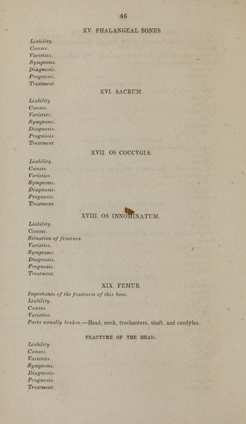 XV. PHALANGEAL BONES Liability. Causes. Varieties. Symptoms. Diagnosis. Prognosis. Treatment. Liability. Causes. Varieties. Symptoms. Diagnosis. Prognosis. Treatment. Liability. Causes. Varieties. Symptoms. Diagnosis. Prognosis. Treatment. XVI. SACRUM. XVII. OS COCCYGIS, mu XVIII. OS INNOMINATUM. Liability. Causes. Situation of fracture. Varieties. Symptoms. Diagnosis. Prognosis. Treatment. XIX. FEMUR Importance of the fractures of this bone. Liability. Causes. Varieties. Parts usually broken.—Head, neck, trochanters, shaft, and condyles. FRACTURE OF THE HEAD. Liability. Causes. Varieties. Symptoms. Diagnosis- Prognosis.