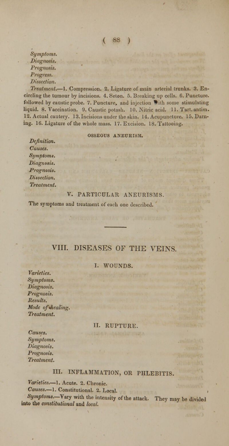Symptoms. Diagnosis. Prognosis. Progress. Dissection. Treatment.—1. Compression. 2. Ligature of main arterial trunks. 3. En- circling the tumour by incisions. 4. Seton. 5. Breaking up cells. 6. Puncture, followed by caustic probe. 7. Puncture,, and injection With some stimulating liquid. 8. Vaccination. 9. Caustic potash. 10. Nitric acid. 11. Tart, antim. 12. Actual cautery. 13. Incisions under the skin. 14. Acupuncture. 15. Darn- ing. 16. Ligature of the whole mass. 17. Excision. 18. Tattooing. Definition. OSSEOUS ANEURISM. Symptoms. Diagnosis. Prognosis. Dissection. Treatment. V. PARTICULAR ANEURISMS. The symptoms and treatment of each one described. VIII. DISEASES OF THE VEINS. I. WOUNDS. Varieties. Symptoms. Diagnosis. Prognosis. Results. Mode of •healing. Treatment. Causes. Symptoms. Diagnosis. Prognosis. Treatment. II. RUPTURE. III. INFLAMMATION, OR PHLEBITIS. Varieties.—1. Acute. 2. Chronic. Causes.—1. Constitutional. 2. Local. i Symptoms.—Vary with the intensity of the attack. They may be divided into the constitutional and local.