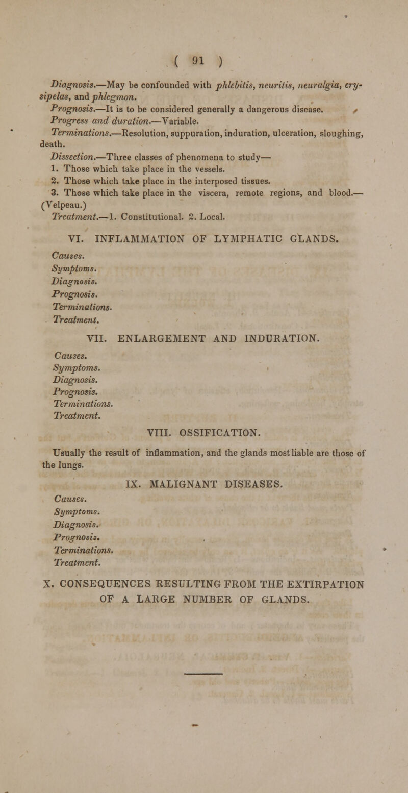 Diagnosis.—May be confounded with phlebitis, neuritis, neuralgia, ery- sipelas, and phlegmon. Prognosis.—It is to be considered generally a dangerous disease. • Progress and duration.—Variable. Terminations.—Resolution, suppuration, induration, ulceration, sloughing, death. Dissection.—Three classes of phenomena to study— 1. Those which take place in the vessels. 2. Those which take place in the interposed tissues. 3. Those which take place in the viscera, remote regions, and blood.— (Velpeau.) Treatment.— 1. Constitutional. 2. Local. VI. INFLAMMATION OF LYMPHATIC GLANDS. Causes. Symptoms. Diagnosis. Prognosis. Terminations. Treatment. VII. ENLARGEMENT AND INDURATION. Causes. Symptoms. Diagnosis. Prognosis. Terminations. Treatment. VIII. OSSIFICATION. Usually the result of inflammation, and the glands most liable arc those of the lungs. IX. MALIGNANT DISEASES. Causes. Symptoms. Diagnosis. Prognosis. Terminations. Treatment. X. CONSEQUENCES RESULTING FROM THE EXTIRPATION OF A LARGE NUMBER OF GLANDS.