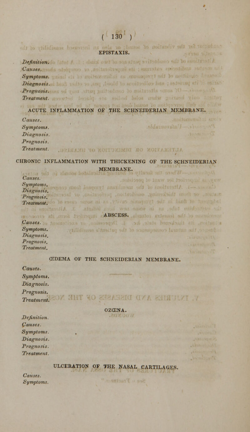 EPISTAXIS. Definitio7i. Causes. Symptoms. Diagnosis. Prog?iosis. Treatment. ACUTE INFLAMMATION OF THE SCHNEIDERIAN MEMBRANE. Causes. Symptoms. Diagnosis. Prognosis. Treatment. CHRONIC INFLAMMATION WITH THICKENING OF THE SCHNEIDERIAN MEMBRANE. Causes. Symptoms. Diag?wsis. Prognosis. Treatment. ABSCESS. Causes. Symptoms. Diagnosis. Prognosis. Treatment. CEDEMA OF THE SCHNEIDERIAN MEMBRANE. Causes. Symptoms. Diagnosis. Prognosis. Treatment. Definition. Causes. Symptoms. , Diag?wsis. Prognosis. Treatment. OZ02NA. ULCERATION OF THE NASAL CART ILAGES.