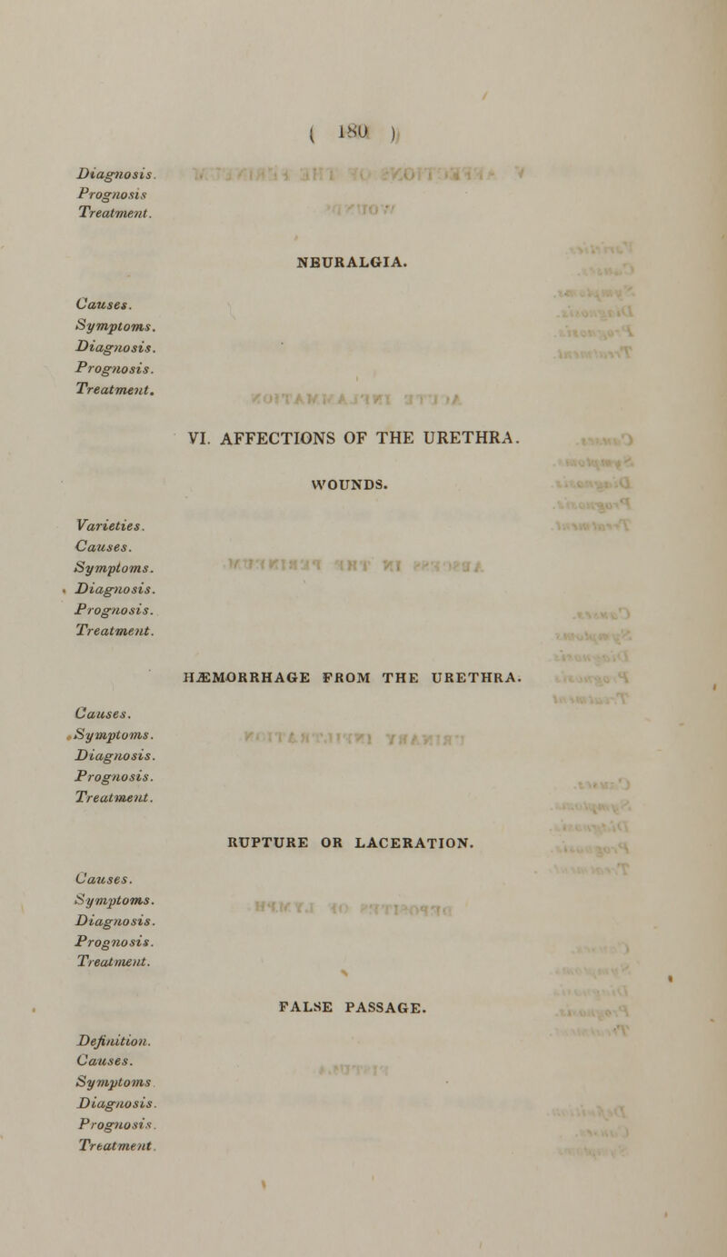 Diagnosis. Prognosis Treatment. { 1*0 • NEURALGIA. Causes. Symptoms. Diagnosis. Prognosis. Treatment. VI. AFFECTIONS OF THE URETHRA. WOUNDS. Varieties. Causes. Symptoms. Diagnosis. Prognosis. Treatment. Causes. Symptoms. Diagnosis. Prognosis. Treatment. HEMORRHAGE FROM THE URETHRA. Causes. Symptoms. Diagnosis. Prognosis. Treatment. RUPTURE OR LACERATION. Causes. Diagnosis. Prognosis. FALSE PASSAGE.