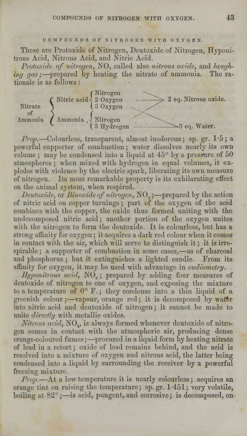 COMPOUNDS OF NITROGEN WITH OXYGEN. These are Protoxide of Nitrogen, Deutoxide of Nitrogen, Hyponi- trous Acid, Nitrous Acid, and Nitric Acid. Protoxide of nitrogen, NO, called also nitrous oxide, and laugh- ing gas;—prepared by heating the nitrate of ammonia. The ra- tionale is as follows: f Nitrogen C Nitric acid < 2 Oxygen —^ 2 eq. Nitrous oxide. Nitrate ) (.3 Oxygen of ) f Ammonia / Ammonia i Nitrogen ^ [S Hydrogen - ^=-3 eq. Water. Prop.—Colourless, transparent, almost inodorous; sp. gr. 1-5; a powerful supporter of combustion; water dissolves nearly its own volume ; may be condensed into a liquid at 45° by a pressure of 50 atmospheres; when mixed with hydrogen in equal volumes, it ex- plodes with violence by the electric spark, liberating its own measure of nitrogen. Its most remarkable property is its exhilai-ating effect on the animal system, when respired. Deutoxide, or Binoxide of nitrogen, N02;—prepared by the action of nitric acid on copper turnings; part of the oxygen of the acid combines with the copper, the oxide thus formed uniting with the undecomposcd nitric acid; another portion of the oxygen unites with the nitrogen to form the deutoxide. It is colourless, but has a strong affinity for oxygen; it acquires a dark red colour when it comes in contact with the air, which will serve to distinguish it; it is irre- spirable; a supporter of combustion in some cases,—as of charcoal and phosphorus; but it extinguishes a lighted candle. From its affinity for oxygen, it may be used with advantage in eudiometry. llyptmitrous acid, N03; prepared by adding four measures of deutoxide of nitrogen to one of oxygen, and exposing the mixture to a temperature of 0° F.; they condense into a thin liquid of a grocnish colour ;—vapour, orange red; it is decomposed by water into nitric acid and deutoxide of nitrogen; it cannot be made to unite directly with metallic oxides. Nitrous arid, N04, is always formed whenever deutoxide of nitro- gen comes in contact with the atmospheric air, producing dense orange-coloured fumes;—procured in a liquid form by heating nitrate of lead in a retort; oxide of lead remains behind, and the acid is resolved into a mixture of oxygen and nitrous acid, the latter being condensed into a liquid by surrounding the receiver by a powerful freezing mixture. Prop.—At a low temperature it is nearly colourless; acquires an orange tint on raising the temperature; sp.gr. 1-451; very volatile, boiling at 82°;—is acid, pungent, and corrosive; is decomposed, on