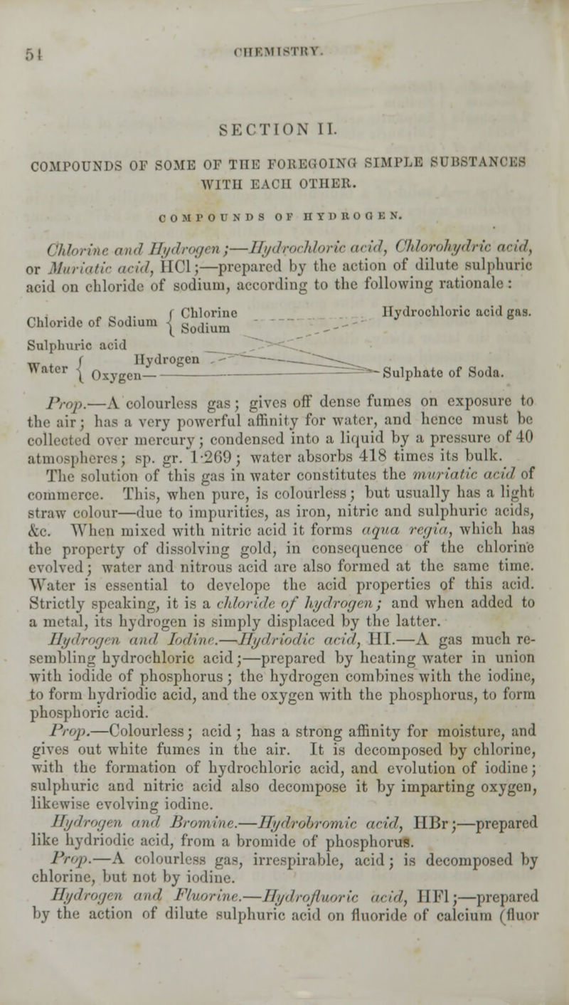 ;-,) 0HBMISTR1 SECTION II. COMPOUNDS OF SOME OF THE FOREGOING SIMPLE .SUBSTANCES WITH EACH OTHER. COMPOUNDS OF HYDROGEN. Chlorine and Hydrogen}—Hydrochloric acid, CMorohydric acid, or Muriatic acid, EC1;—prepared by the action of dilute sulphuric acid on chloride of sodium, according to the following rationale : _, 4 ., „ „ ,. f Chlorine Hydrochloric acid gas. Chloride of Sodium j godium Sulphuric acid _, . f Hydrogen ———^>^_ WBter \ Oxygen- ■ ===?-Sulphate of Soda. Prop.—A colourless gas; gives off dense fumes on exposure to the air; has a very powerful affinity for water, and hence must he collected over mercury; condensed into a liquid by a pressure of 40 atmospheres; sp. gr. 1-269; water absorbs 418 times its bulk. The solution of this gas in water constitutes the muriatic acid of commerce. This, when pure, is colourless; but usually has a light straw colour—due to impurities, as iron, nitric and sulphuric acids, &C. Whep mixed with nitric acid it forms aqua regia, which lias the property of dissolving gold, in consequence of the chlorine evolved; water and nitrous acid are also formed at the same time. Water is essential to dcvelope the acid properties of this acid. Strictly speaking, it is a chloride of hydrogen; and when added to a metal, its hydrogen is simply displaced by the latter. Hydrogen ami Todine.—Hydriodic acid, HI.—A gas much re- sembling hydrochloric acid;—prepared by heating water in union with iodide of phosphorus; the hydrogen combines with the iodine, to form hydriodic acid, and the oxygen with the phosphorus, to form phosphoric acid. Prop.—Colourless; acid ; has a strong affinity for moisture, and gives out white fumes in the air. It is decomposed by chlorine, with the formation of hydrochloric acid, and evolution of iodine; sulphuric and nitric acid also decompose it by imparting oxygen, likewise evolving iodine. Hydrogen ami Bromine.—Bydrobromic acid, HBr;—prepared like hydriodic acid, from a bromide of phosphorus. Prop.—A colourless gas, irrespirable, acid; is decomposed by chlorine, but not by iodine. Hydrogen and Fluorine.—Hydrofluoric acid, IIK1;—prepared by the action of dilute sulphuric acid on fluoride of calcium (fluor