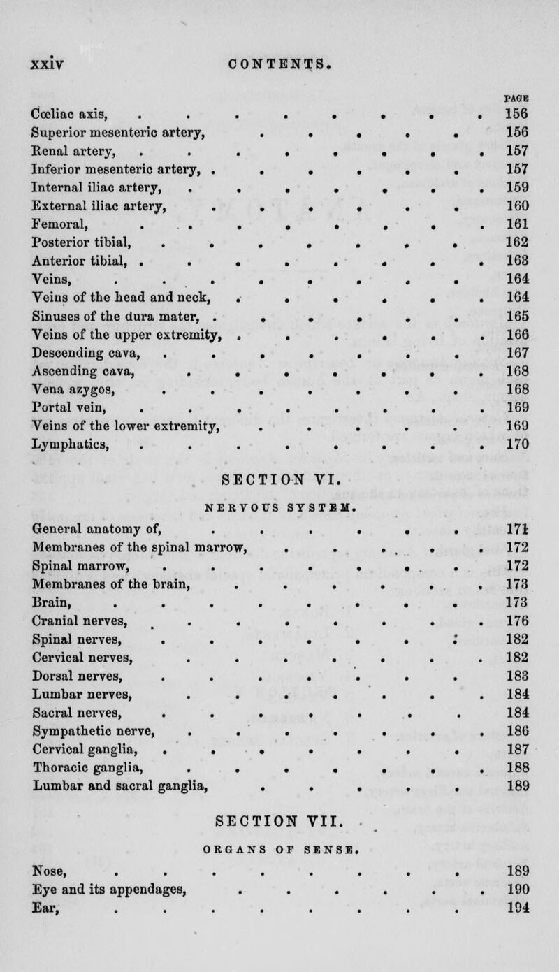 Coeliac axis, Superior mesenteric artery, Renal artery, Inferior mesenteric artery, . Internal iliac artery, External iliac artery, Femoral, . . Posterior tibial, . . Anterior tibial, . . Veins, Veins of the head and neck, Sinuses of the dura mater, . Veins of the upper extremity, Descending cava, Ascending cava, . Vena azygos, Portal vein, Veins of the lower extremity, Lymphatics, SECTION VI NERVOUS SYSTE General anatomy of, Membranes of the spinal marrow, Spinal marrow, Membranes of the brain, Brain, Cranial nerves, Spinal nerves, Cervical nerves, Dorsal nerves, Lumbar nerves, Sacral nerves, . . Sympathetic nerve, Cervical ganglia, . . Thoracic ganglia, Lumbar and sacral ganglia, SECTION VII. ORGANS OF SENSE Nose, Eye and its appendages, Ear, 189 190 194
