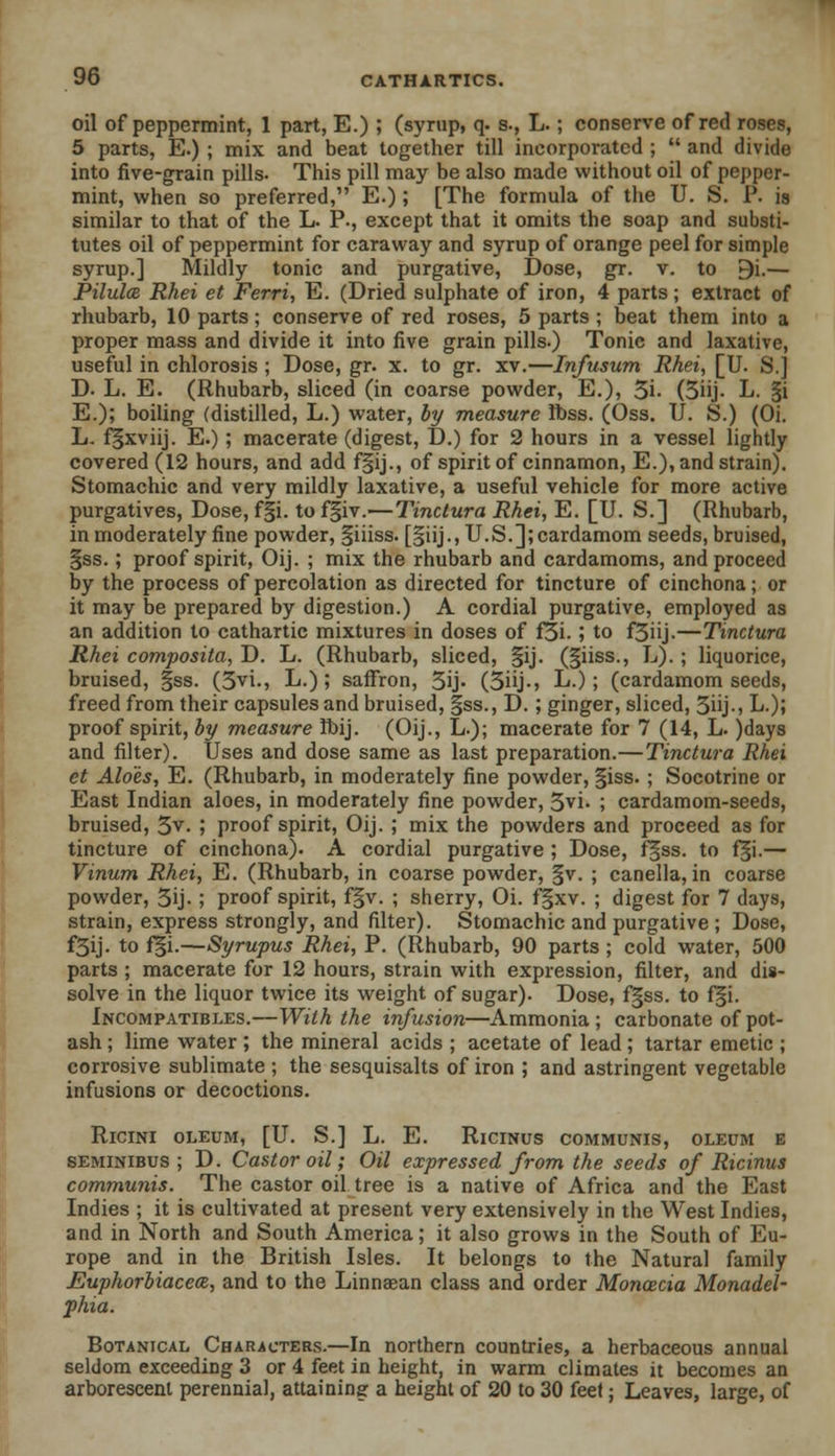 oil of peppermint, 1 part, E.) ; (syrup, q. s., L.; conserve of red roses, 5 parts, E.) ; mix and beat together till incorporated ;  and divide into five-grain pills. This pill may be also made without oil of pepper- mint, when so preferred, E.); [The formula of the U. S. P. is similar to that of the L. P., except that it omits the soap and substi- tutes oil of peppermint for caraway and syrup of orange peel for simple syrup.] Mildly tonic and purgative, Dose, gr. v. to 9i.— Pilulce Rhei et Ferri, E. (Dried sulphate of iron, 4 parts; extract of rhubarb, 10 parts; conserve of red roses, 5 parts ; beat them into a proper mass and divide it into five grain pills.) Tonic and laxative, useful in chlorosis ; Dose, gr. x. to gr. xv.—Infusum Rhei, [U. S.] D. L. E. (Rhubarb, sliced (in coarse powder, E.), 3i- (3iij- L. §i E.); boiling (distilled, L.) water, by measure Ibss. (Oss. U. S.) (Oi. L. f§xviij. E.); macerate (digest, D.) for 2 hours in a vessel lightly covered (12 hours, and add f§ij., of spirit of cinnamon, E.), and strain). Stomachic and very mildly laxative, a useful vehicle for more active purgatives, Dose, f|i. to f§iv.—Tinctura Rhei, E. [U. S.] (Rhubarb, in moderately fine powder, §iiiss. [§iij., U.S.]; cardamom seeds, bruised, §ss.; proof spirit, Oij. ; mix the rhubarb and cardamoms, and proceed by the process of percolation as directed for tincture of cinchona; or it may be prepared by digestion.) A cordial purgative, employed as an addition to cathartic mixtures in doses of f3i. ; to f3iij.—Tinctura Rhei composita, D. L. (Rhubarb, sliced, |ij. (giiss., L). ; liquorice, bruised, §ss. (3vi., L.); saffron, 5ij» (3iij-> L-); (cardamom seeds, freed from their capsules and bruised, §ss., D.; ginger, sliced, 3iij-, L.); proof spirit, by measure Ibij. (Oij., L.); macerate for 7 (14, L. )days and filter). Uses and dose same as last preparation.—Tinctura Rhei et Aloes, E. (Rhubarb, in moderately fine powder, §iss. ; Socotrine or East Indian aloes, in moderately fine powder, 3vi- ; cardamom-seeds, bruised, 3v. ; proof spirit, Oij. ; mix the powders and proceed as for tincture of cinchona). A cordial purgative ; Dose, f§ss. to fgi.— Vinum Rhei, E. (Rhubarb, in coarse powder, §v. ; canella, in coarse powder, 3ij- ; proof spirit, f§v. ; sherry, Oi. f§xv. ; digest for 7 days, strain, express strongly, and filter). Stomachic and purgative ; Dose, f3ij. to f§i.—Syrupus Rhei, P. (Rhubarb, 90 parts ; cold water, 500 parts ; macerate for 12 hours, strain with expression, filter, and dis- solve in the liquor twice its weight of sugar). Dose, f§ss. to f§i. Incompatibles.—With the infusion—Ammonia ; carbonate of pot- ash ; lime water ; the mineral acids ; acetate of lead; tartar emetic ; corrosive sublimate ; the sesquisalts of iron ; and astringent vegetable infusions or decoctions. Ricini oleum, [U. S.] L. E. Ricmus communis, oleum e seminibus ; D. Castor oil; Oil expressed from the seeds of Ricinus communis. The castor oil tree is a native of Africa and the East Indies ; it is cultivated at present very extensively in the West Indies, and in North and South America; it also grows in the South of Eu- rope and in the British Isles. It belongs to the Natural family Euphorbiacece, and to the Linnaean class and order Moncecia Monadel- phia. Botanical Characters.—In northern countries, a herbaceous annual seldom exceeding 3 or 4 feet in height, in warm climates it becomes an arborescent perennial, attaining a height of 20 to 30 feet; Leaves, large, of