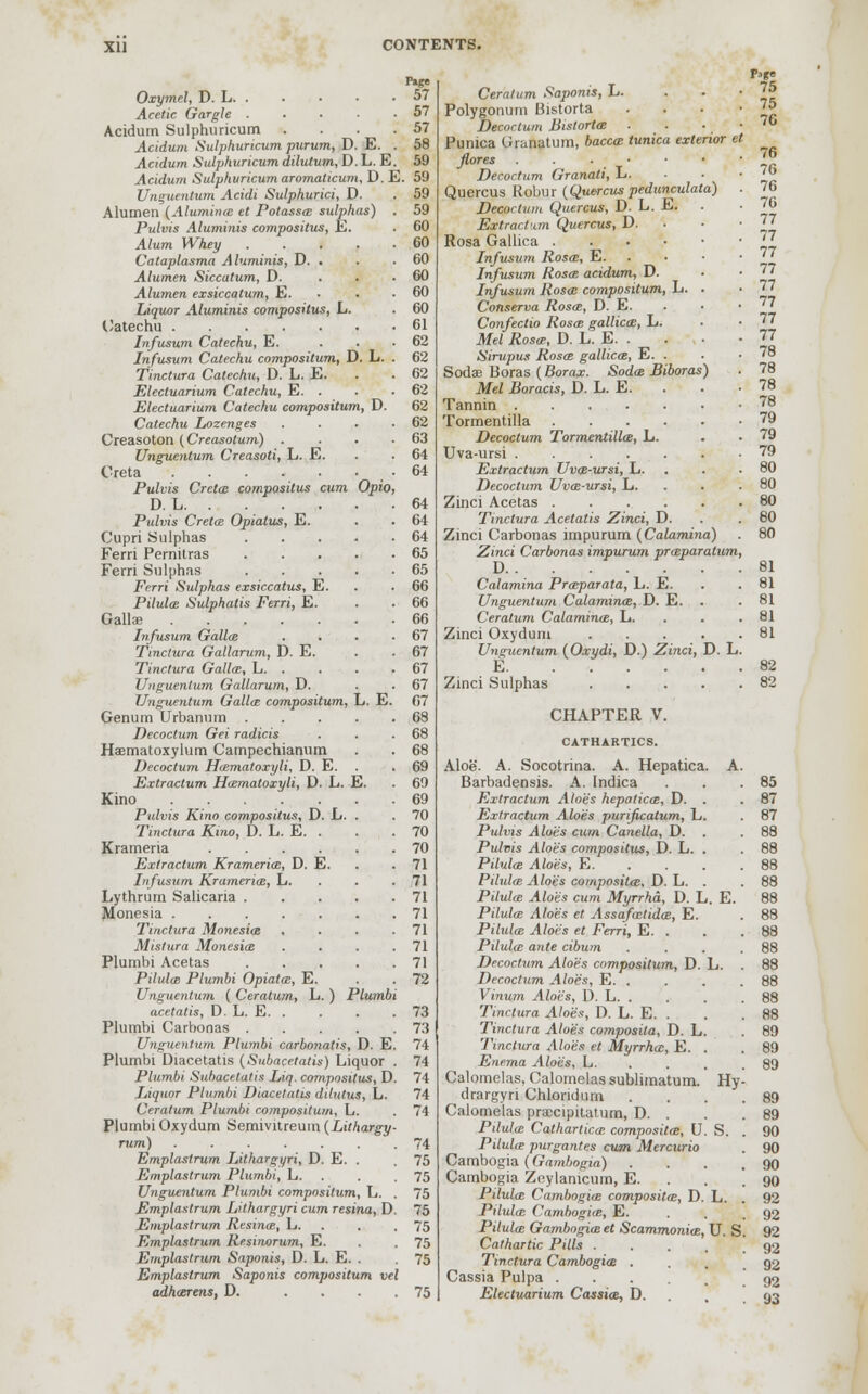 Oxymel, D. L. . Acetic Gargle .... Acidum Sulphuricum Acidum Sulphuricum purum, D. E Acidum Sulphuricum dilutum, D. L. E Acidum Sulphuricum aromaticum, D. E. 59 Unguentum Acidi Sulphurici, D Alumen (Alumina: et Potassa: sulphas) Pulvis Aluminis compositus, E. Alum Whey .... Cataplasma Aluminis, D. . Alumen Siccatum, D. Alumen exsiccatum, E. Liquor Aluminis compositus, L. Catechu Infusum Catechu, E. Infusum Catechu compositum, D. L. Tinctura Catechu, D. L. E. Electuarium Catechu, E. . Electuarium Catechu compositum, D. Catechu Lozenges Creasoton (Creasotum) . Unguentum Creasoti, L. E. Creta Pulvis Creta: compositus cum Opio D. L Pulvis Creta: Opiatus, E. Cupri Sulphas .... Ferri Pernitras .... Ferri Sulphas .... Ferri Sulphas exsiccatus, E. Pilula: Sulphatis Ferri, E. Gallae Infusum Gallas Tinctura Gallarum, D. E. Tinctura Galla:, L. . Unguentum Gallarum, D. Unguentum Galla: compositum, L. E. Genum Urbanum .... Decoctum Gei radicis Haematoxylum Campechianum Decoctum Ha:matoxyli, D. E. Extractum Hmmatoxyli, D. L. E Kino Pulvis Kino compositus, D. L. . Tinctura Kino, D. L. E. . Krameria Extractum Krameria:, D. E. Infusum Krameria:, L. Lythrum Salicaria .... Jtfonesia Tinctura Monesiat Mistura Monesia: Plumbi Acetas .... Pilula: Plumbi Opiates, E. Unguentum ( Ceratum, L. ) Plumb, acetatis, D. L. E. . Plumbi Carbonas .... Unguentum Plumbi carbonatis, D. E Plumbi Diacetatis (Subacetatis) Liquor Plumbi Subacetatis Liq. compositus, D Liquor Plumbi Diacetatis dilutus, L. Ceratum Plumbi compositum, L. Plumbi Oxydum Semivitreum (Lithargy rum) ...... Emplaslrum Lithargyri, D. E. . Emplastrum Plumbi, L. Unguentum Plumbi compositum, L. Emplastrum Lithargyri cum resina, D Emplastrum Resina:, L. Emplastrum Resinorum, E. Emplastrum Saponis, D. L. E. . Emplastrum Saponis compositum vel adhavens, D. . 5? 57 57 58 99 75 75 76 Ceratum Saponis, L. Polygonum Bistorta . . . • Decoctum Bistorta; Punica Graftatum, baccm tunica exterior et flores ...•••• Decoctum Granati, L. • • • Quercus Robur (Quercuspedunculata) . Decoctum Quercus, D. L. E. Extractum Quercus, D. Rosa Gallica Infusum Rosa:, E. Infusum Rosa: acidum, D. Infusum Rosa: compositum, L. . Conserva Rosa:, D. E. . • Confectio Rosa: gallicm, L. Mel Rosa:, D. L. E Sirupus Rosa: gallica:, E. . Sodas Boras (Borax. Soda: Biboras) Mel Boracis, D. L. E. . . ; Tannin 78 Tormentilla 79 Decoctum Tormentilla:, L. . . 79 Uva-ursi 79 Extractum Uvce-ursi, L. . . .80 Decoctum Uvae-ursi, L. . . .80 Zinci Acetas 80 Tinctura Acetatis Zinci, D. . .80 Zinci Carbonas impurum (Calamina) . 80 Zinci Carbonas impurum prmparatum, D Calamina Prmparata, L. E. Unguentum Calamina:, D. E. . Ceratum Calamina:, L. Zinci Oxydum Unguentum (Oxydi, D.) Zinci, D. L. E Zinci Sulphas CHAPTER V. CATHARTICS. Aloe. A. Socotrina. A. Hepatica. A. Barbadensis. A. Indica Extractum Aloes hepatica:, D. Extractum Aloes purificatum, L. Pulvis Aloe's cum Canella, D. Pulvis Aloes compositus, D. L. Pilula; Aloes, E. Pilula: Aloes cornposilce, D. L. Pilula: Aloes cum Myrrha, D. L. E. Pilula: Aloes et Assafcetida:, E. Pilula; Aloes et Ferri, E. Pilula: ante cibum Decoctum Aloes compositum, D. Decoctum. Aloes, E. . Vinum Aloe's, D. L. . Tinctura Aloes, D. L. E. Tinctura Aloes composita, D. L. Tinctura Aloe's et Myrrha:, E. Enema Aloes, L. Calomelas, Calomelas sublimatum. drargyri Chlondum Calomelas pra;cipitat.um, D. Pilula: Cathartica: compositm, U. Pilula: purgantes cum Mercurio Cambogia (Gambogia) Cambogia Zeylamcum, E. Pilula: Cambogia; composita:, D. Pilula: Cambogia;, E. Pilula: Gambogia; et Scammonia;, Cathartic Pills . Tinctura Cambogia . Cassia Pulpa . Electuarium Cassia:, D. 85 87 88 Hy- L. . U.S. 8!) 89 89 B9 Bfl !!<> 1)0 90 00 92 92 :t'j !)'J 92 92 'J3