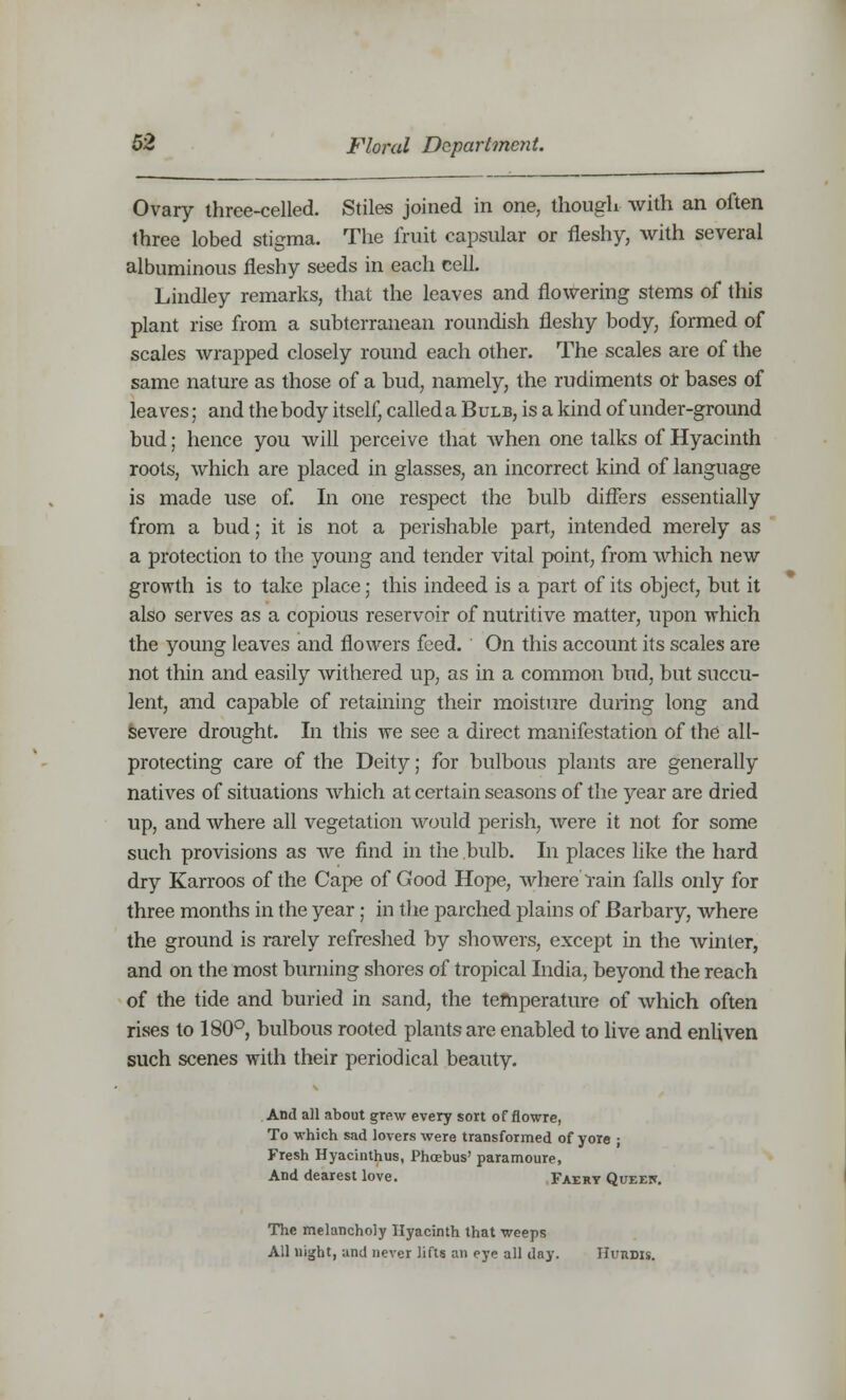 Ovary three-celled. Stiles joined in one, though with an often three lobed stigma. The fruit capsular or fleshy, with several albuminous fleshy seeds in each cell. Lindley remarks, that the leaves and flowering stems of this plant rise from a subterranean roundish fleshy body, formed of scales wrapped closely round each other. The scales are of the same nature as those of a bud, namely, the rudiments of bases of leaves; and the body itself, called a Bulb, is a kind of under-ground bud; hence you will perceive that when one talks of Hyacinth roots, which are placed in glasses, an incorrect kind of language is made use of. In one respect the bulb differs essentially from a bud; it is not a perishable part, intended merely as a protection to the young and tender vital point, from which new growth is to take place; this indeed is a part of its object, but it also serves as a copious reservoir of nutritive matter, upon which the young leaves and flowers feed. On this account its scales are not thin and easily withered up, as in a common bud, but succu- lent, and capable of retaining their moisture during long and severe drought. In this we see a direct manifestation of the all- protecting care of the Deity; for bulbous plants are generally natives of situations which at certain seasons of the year are dried up, and where all vegetation would perish, were it not for some such provisions as we find in the bulb. In places like the hard dry Karroos of the Cape of Good Hope, where'rain falls only for three months in the year; in the parched plains of Barbary, where the ground is rarely refreshed by showers, except in the winter, and on the most burning shores of tropical India, beyond the reach of the tide and buried in sand, the temperature of which often rises to 180°, bulbous rooted plants are enabled to live and enliven such scenes with their periodical beauty. And all about grew every sort of flowre, To which sad lovers were transformed of yore ; Fresh Hyacinthus, Phoebus' paramoure, And dearest love. Faery Queew. The melancholy Hyacinth that weeps All night, and never lifts an eye all day. Huudis.